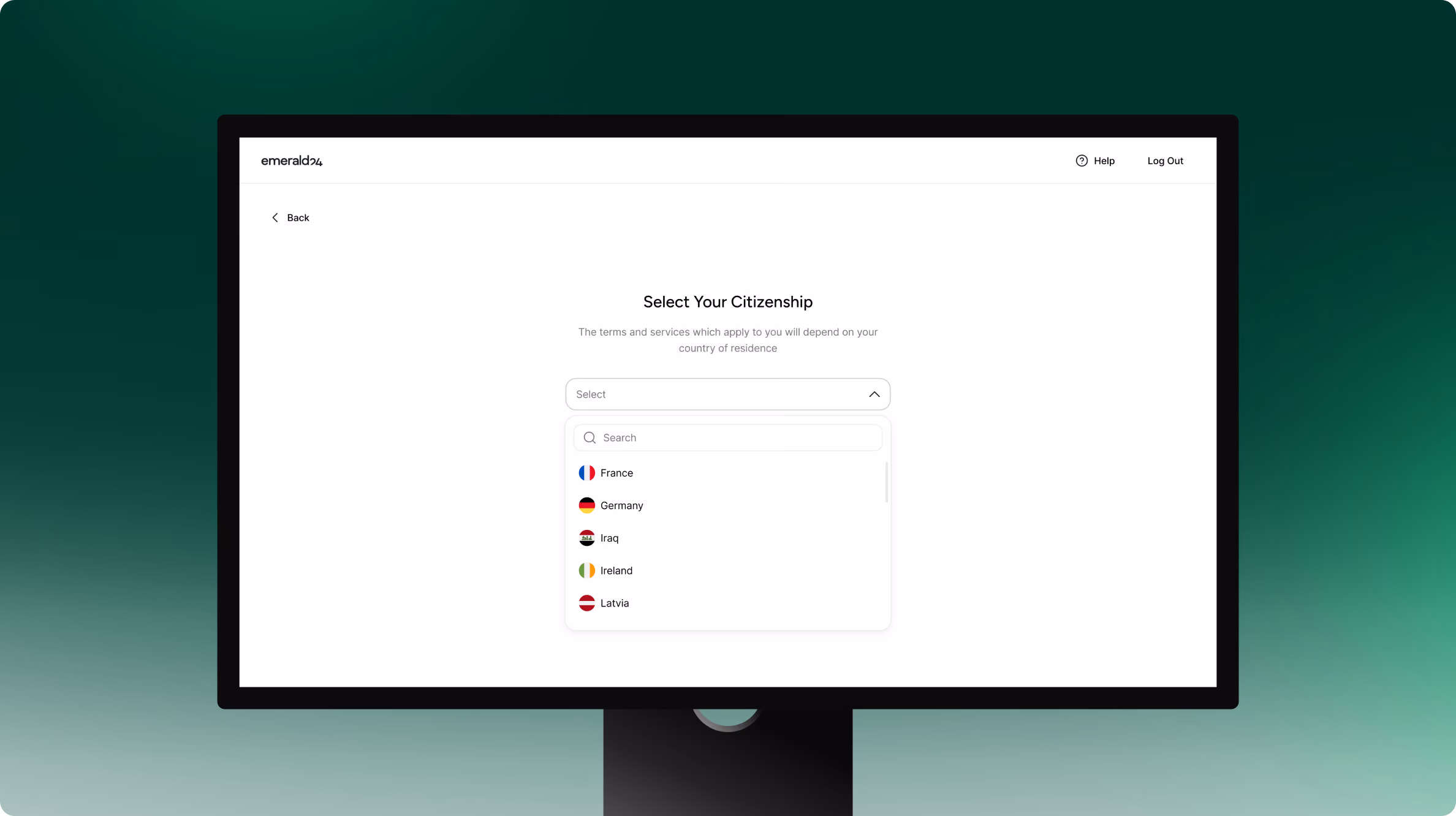 Computer monitor displaying a citizenship selection screen with options including France, Germany, Iraq, Ireland, and Latvia, each next to their country flags.