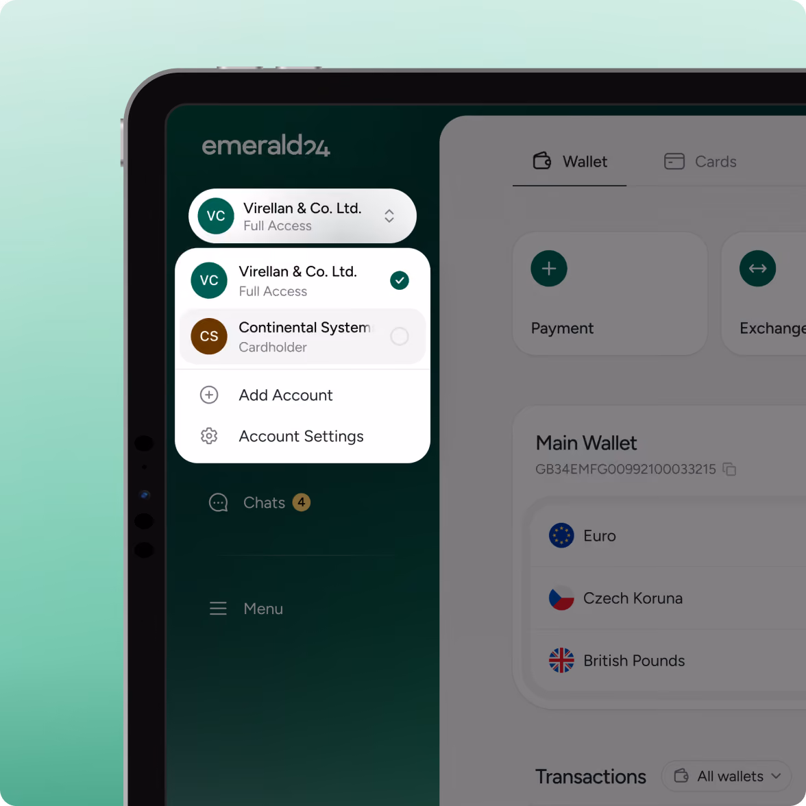 Screenshot of emerald24 app showing account selection and wallet interface with currency options Euro, Czech Koruna, and British Pounds, plus options for payment, exchange, adding accounts, and account settings.