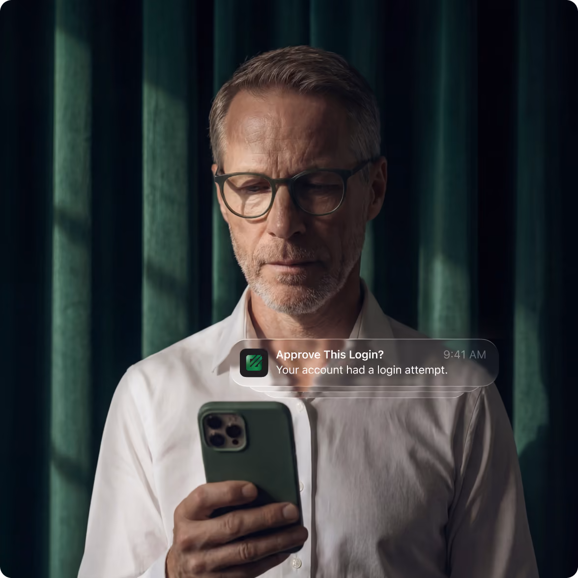 Middle-aged man with glasses and grey hair wearing a white shirt looking at his smartphone with a notification overlay that reads 'Approve This Login? Your account had a login attempt.'
