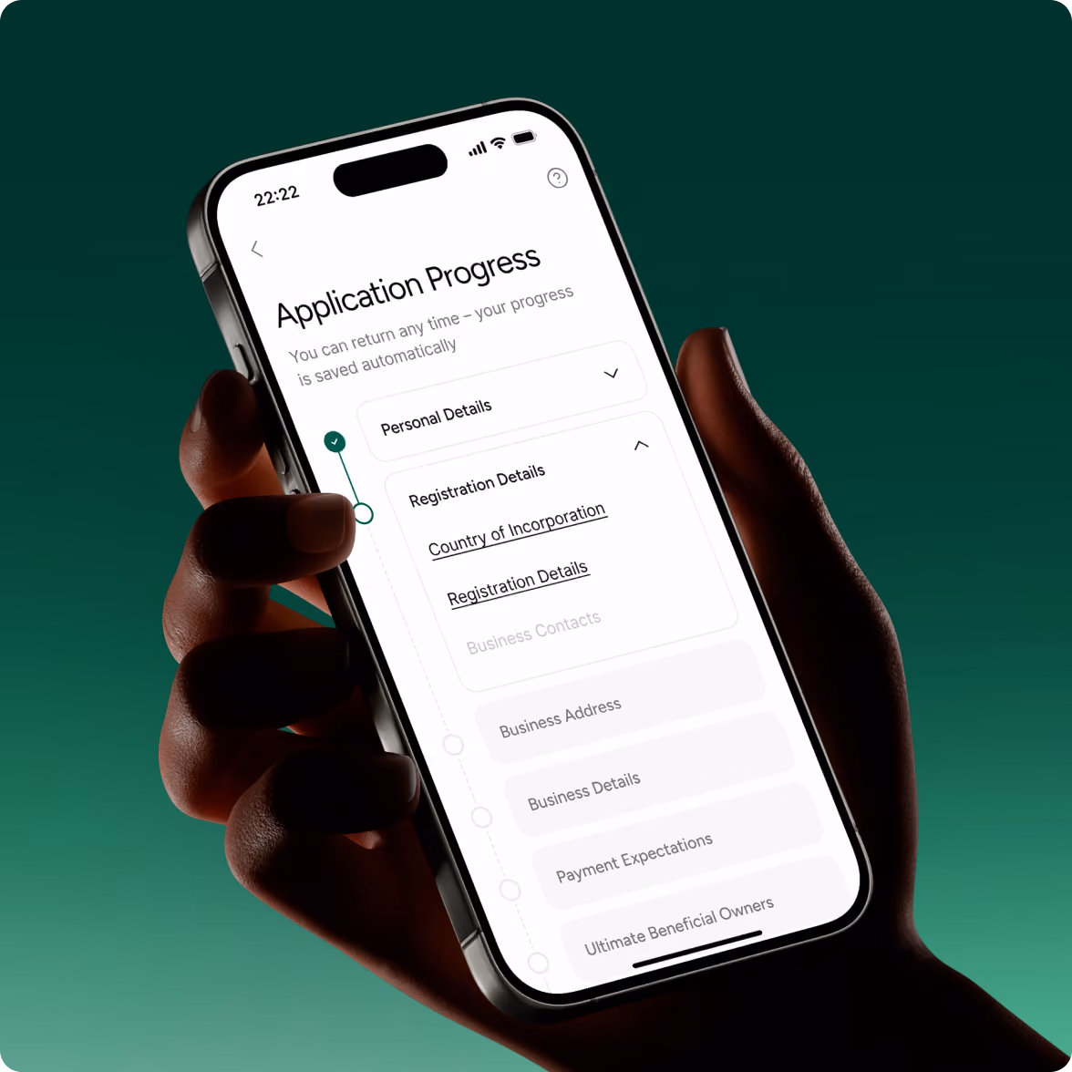 Hand holding a smartphone displaying an application progress screen with sections for Personal Details, Registration Details, Business Address, Business Details, Payment Expectations, and Ultimate Beneficial Owners, against a green gradient background.