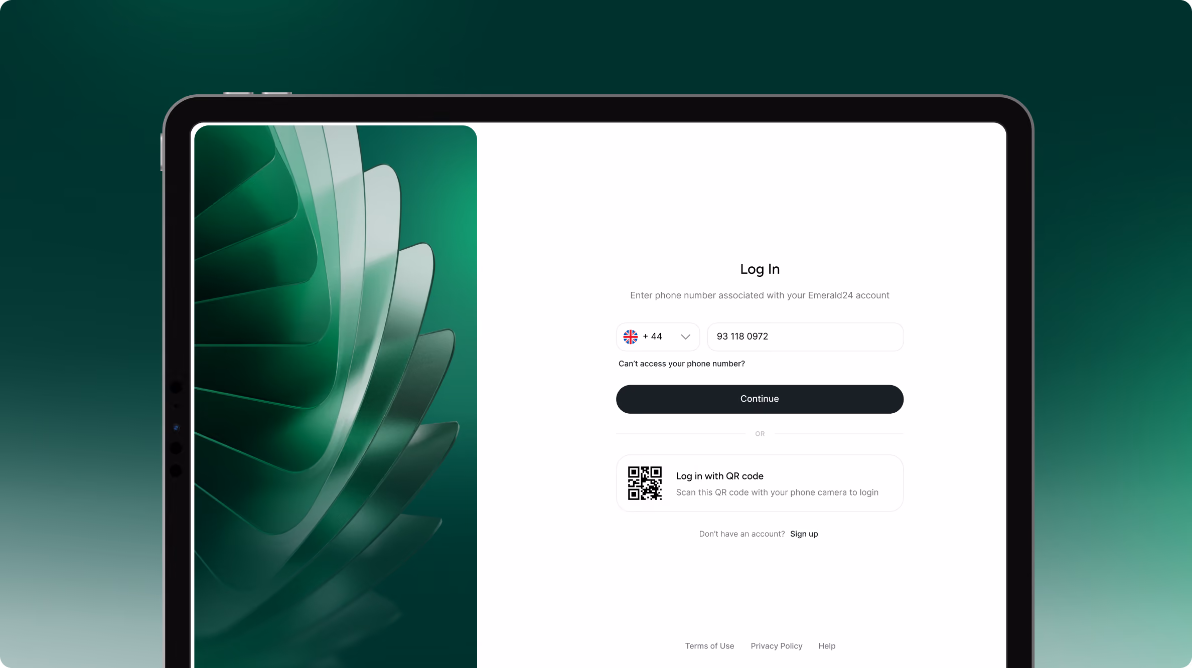 Tablet screen displaying a login interface for Emerald24 with a phone number entry field, country code selector, Continue button, option to log in with a QR code, and links for signing up, Terms of Use, Privacy Policy, and Help on a green gradient background.