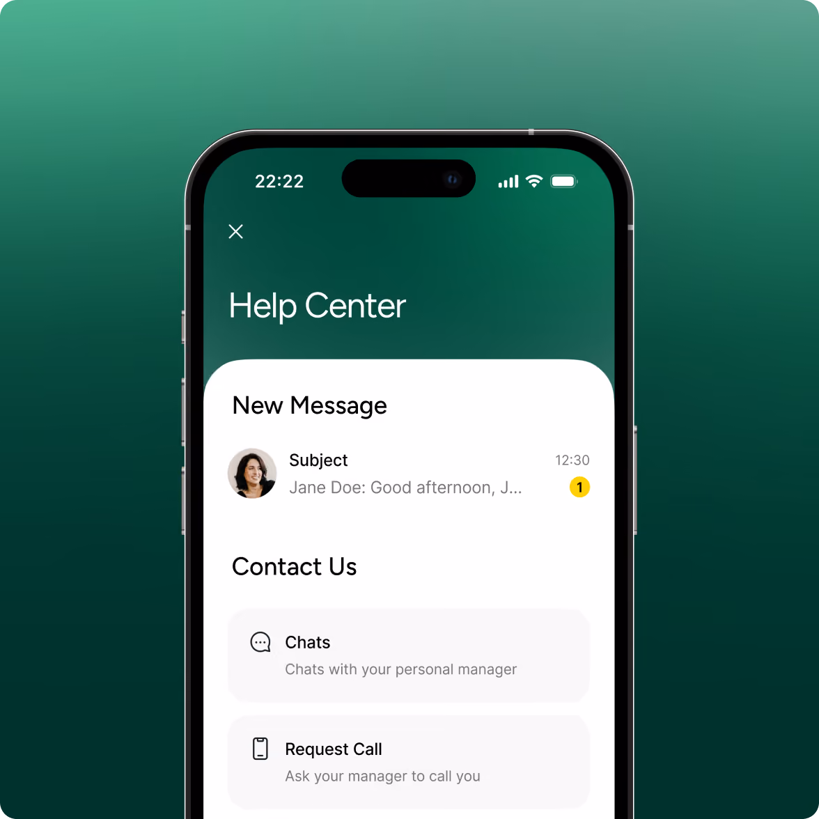 Mobile phone screen showing a Help Center app interface with a new message notification from Jane Doe under 'New Message' and options to contact support via chats with a personal manager or request a call.