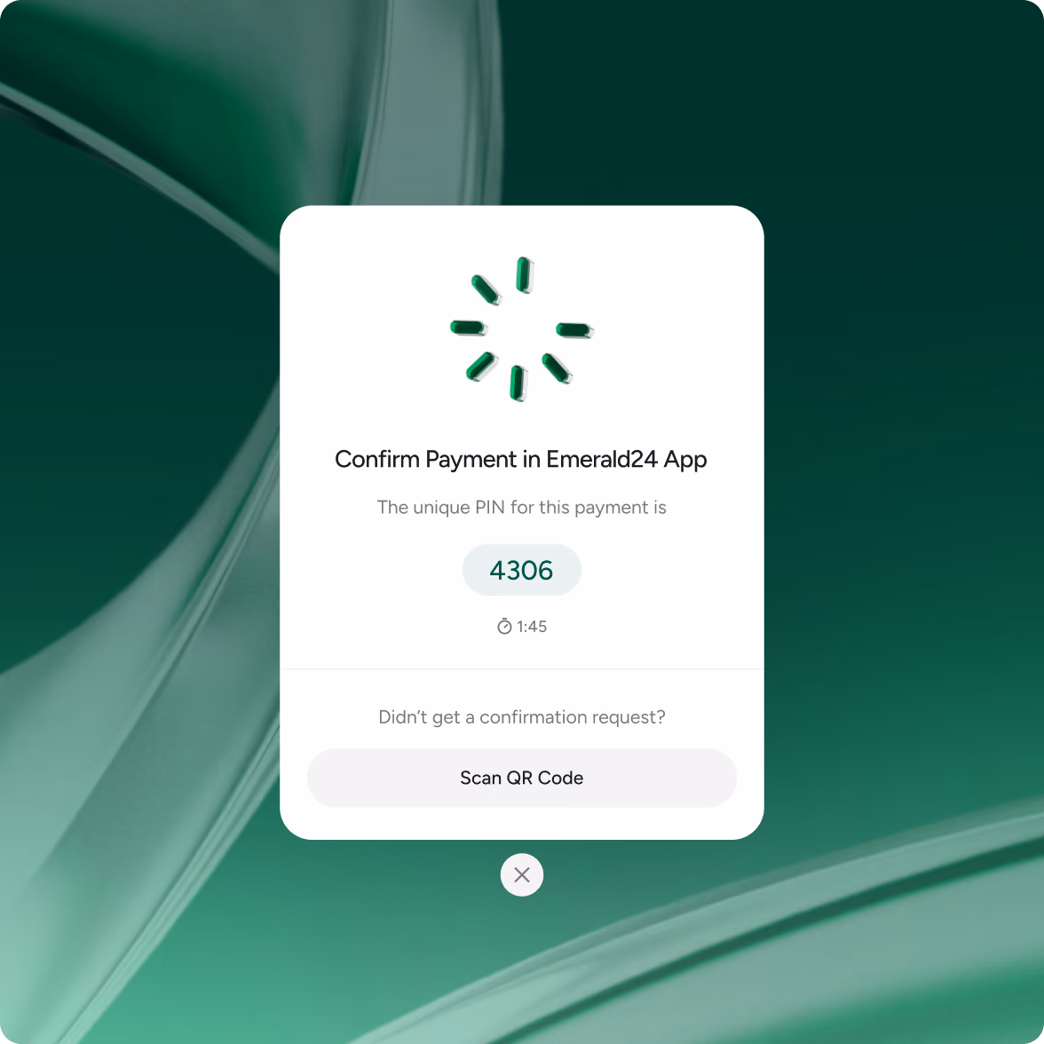 Screen with a confirmation request for payment in the Emerald24 app showing a unique PIN 4306 and a countdown timer of 1 minute 45 seconds, with an option to scan a QR code if no confirmation request was received.