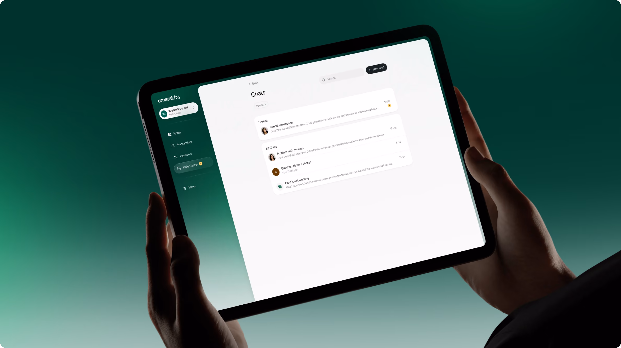 Hands holding a tablet displaying a messaging app interface with a sidebar menu and a chat list showing recent conversations.