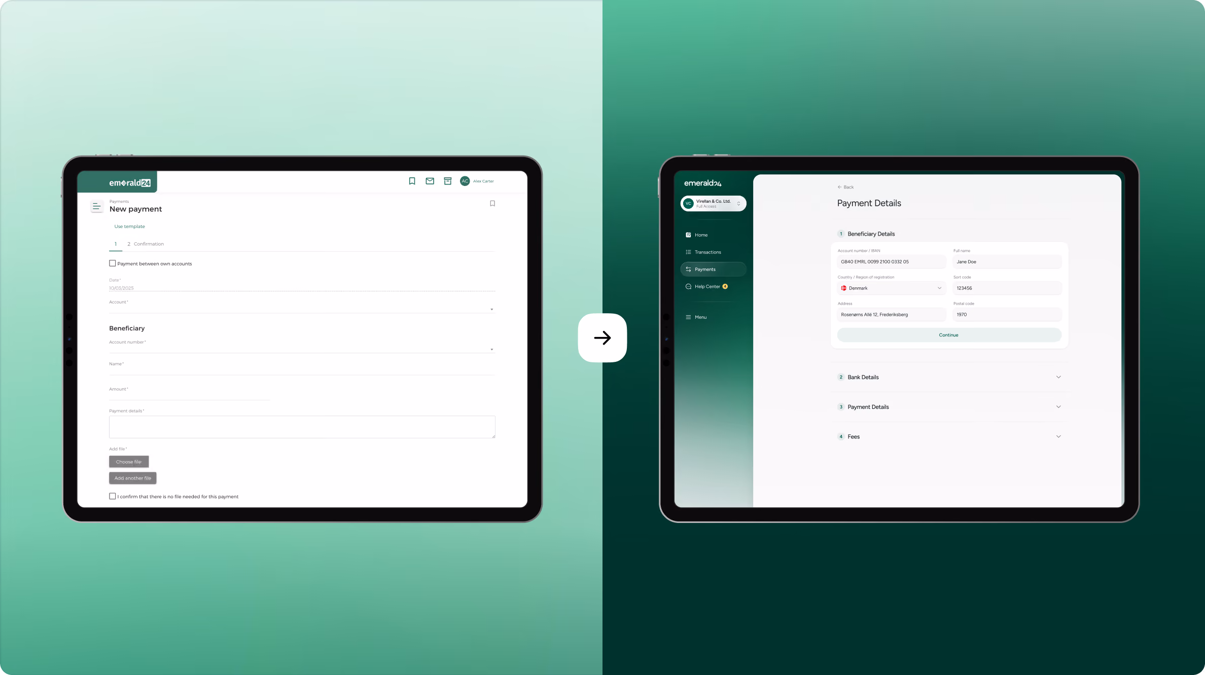 Two tablet screens side by side showing steps in an online payment process for Emerald24. The left screen displays a form labeled 'New payment' with options to enter payment amount, beneficiary details, and a checkbox to confirm payment terms. The right screen shows the 'Payment Details' page with sections for Beneficiary Details, Bank Details, Payment Details, and Fees, with beneficiary data visible. Both screens have a green gradient background and Emerald24 branding in the top left corner.