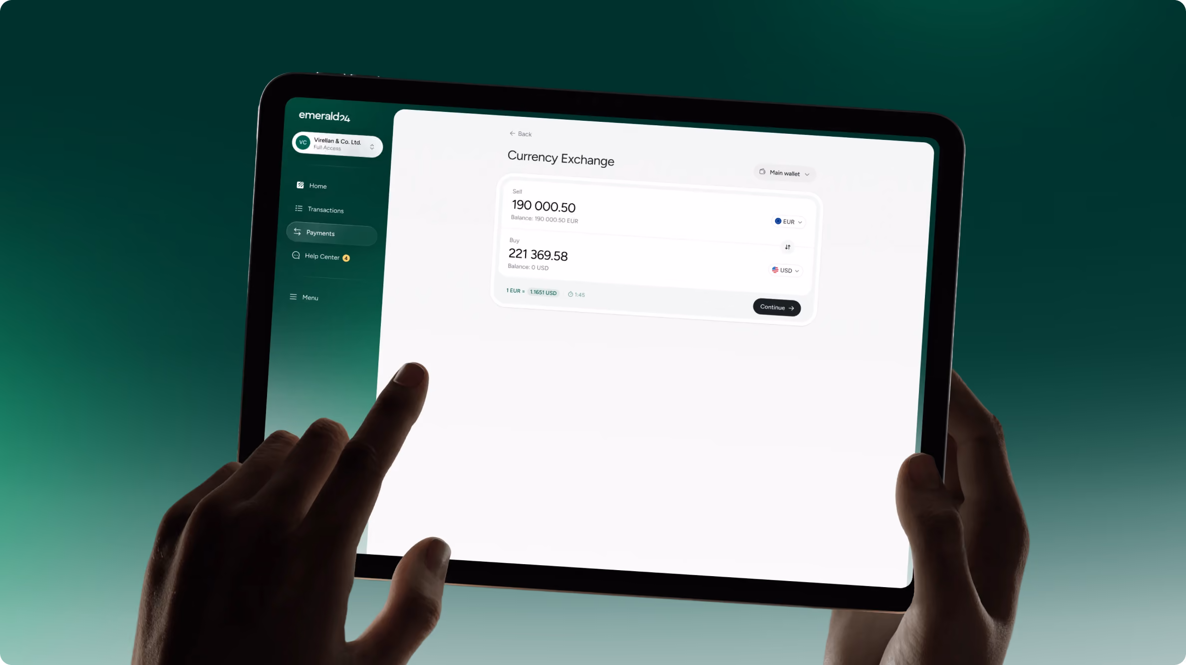 Hands holding and interacting with a tablet displaying a currency exchange interface showing exchange amounts between euros and US dollars.