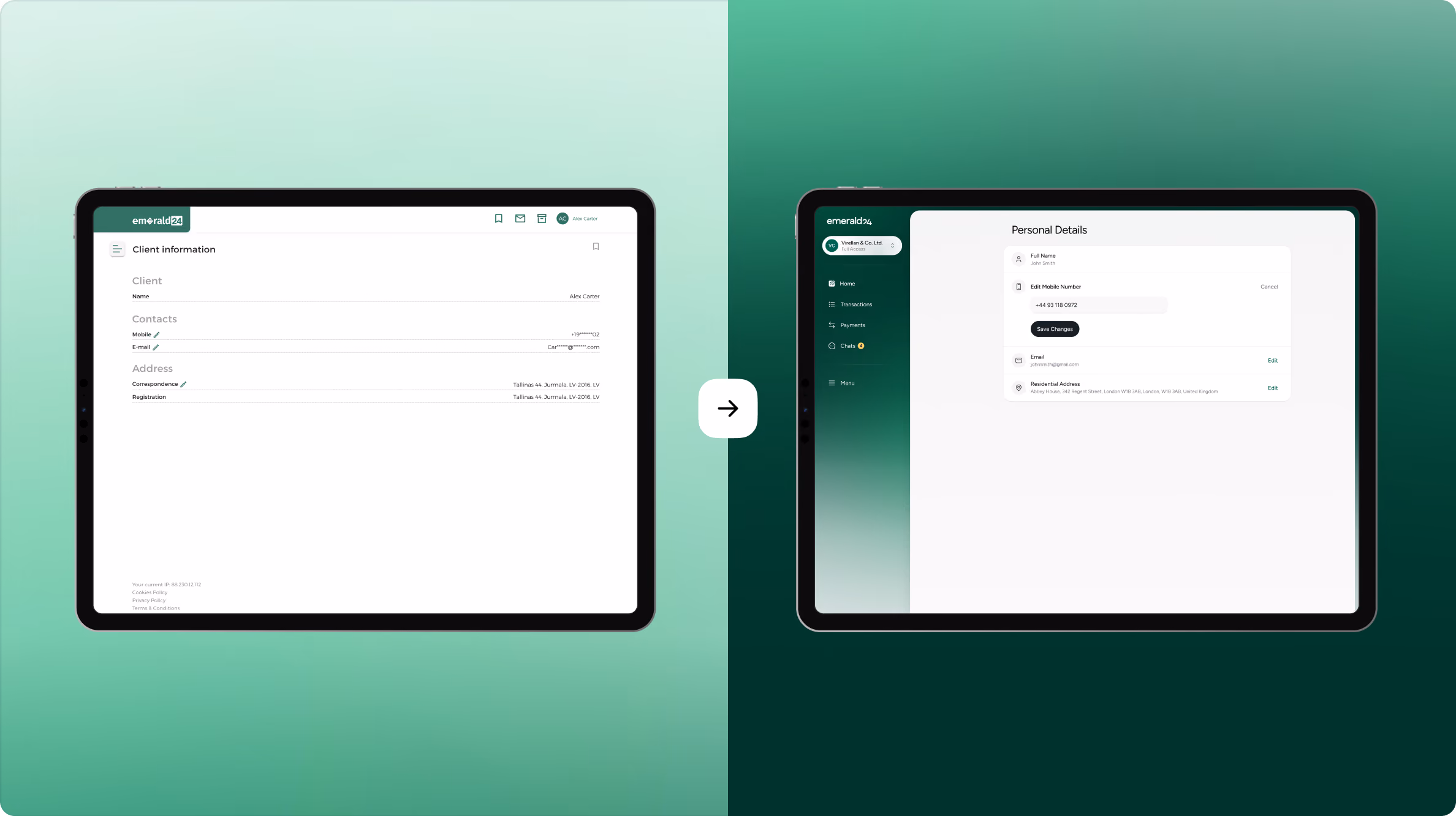Side-by-side tablets showing different layouts of the Emerald24 web interface: left screen displays a minimal client information form with fields for client, contacts, and address against a light green background; right screen shows a darker green interface with a sidebar menu and a personal details form with editable fields for full name, preferred number, and email.