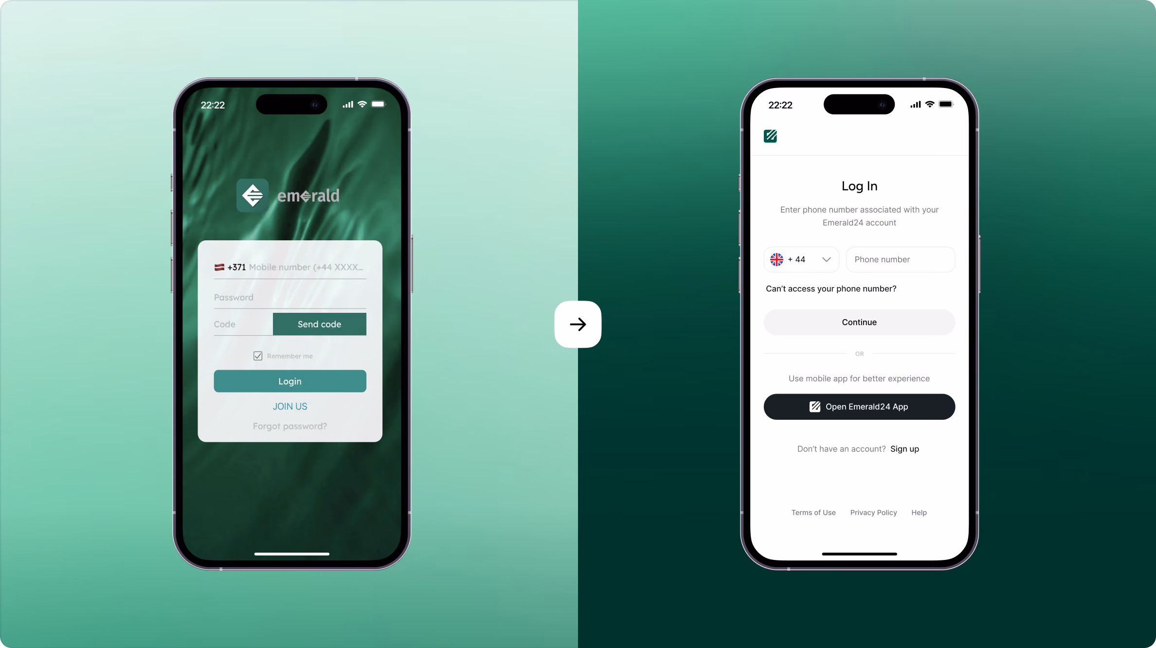 Two smartphone screens side by side on a green gradient background showing login interfaces for Emerald24 app: left screen displays fields for mobile number, password, and code with buttons to send code, login, and join; right screen shows phone number entry for login with options to continue, open the app, or sign up.