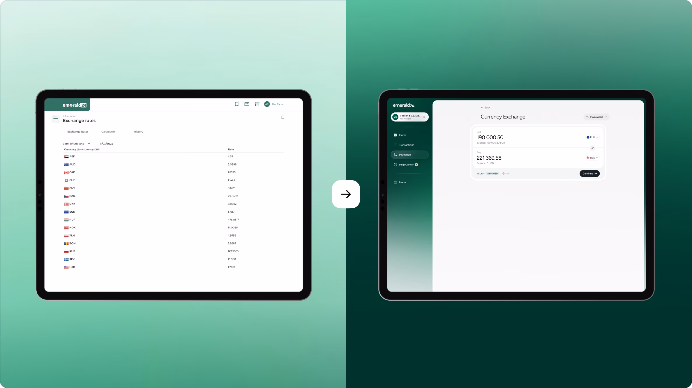 Two tablet screens side by side showing a currency exchange interface: left screen displays a list of exchange rates for various currencies, right screen shows a currency exchange calculator with input and output amounts.