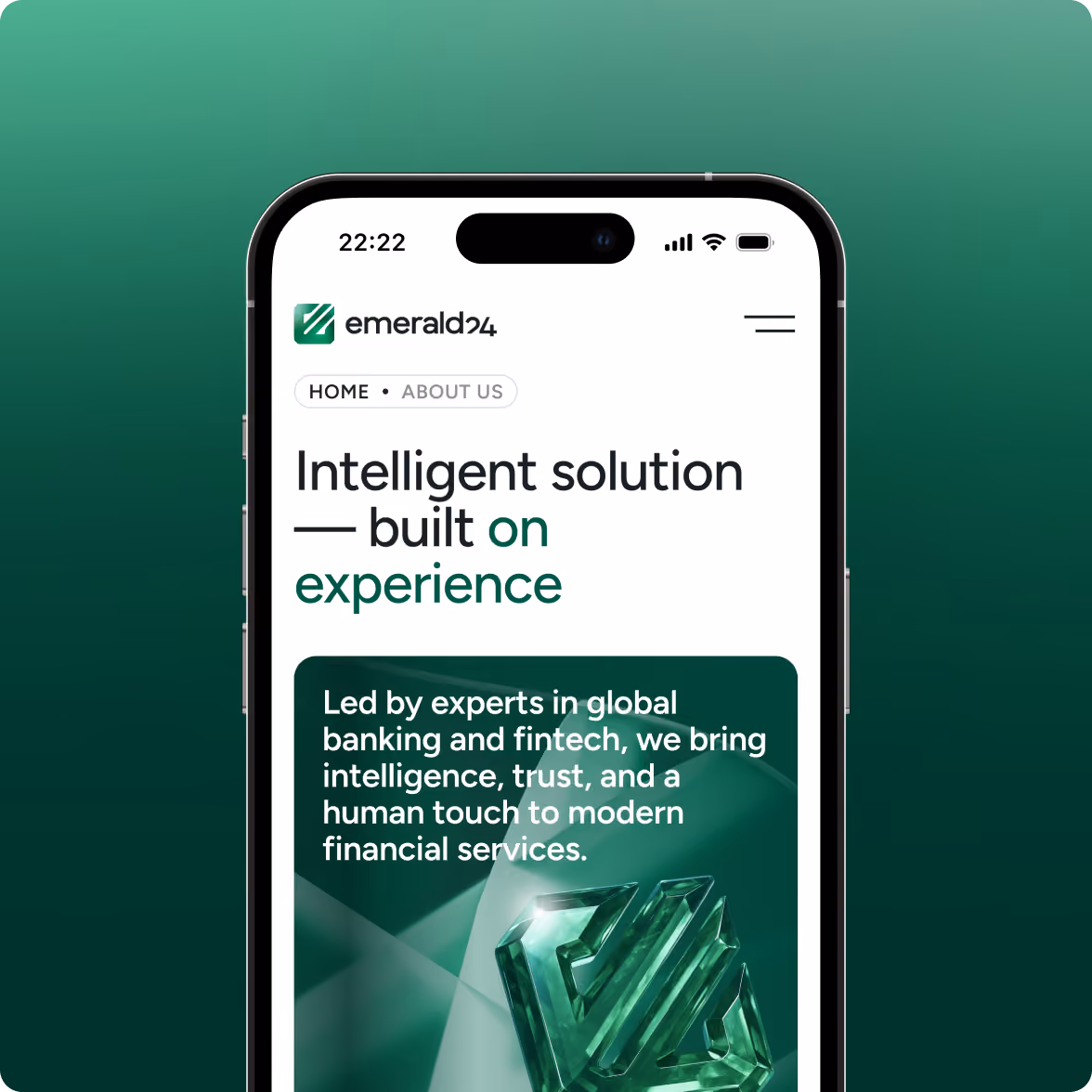 Smartphone screen showing the Emerald24 website with the heading 'Intelligent solution — built on experience' and a text box describing expertise in global banking and fintech delivering intelligence, trust, and a human touch to financial services.