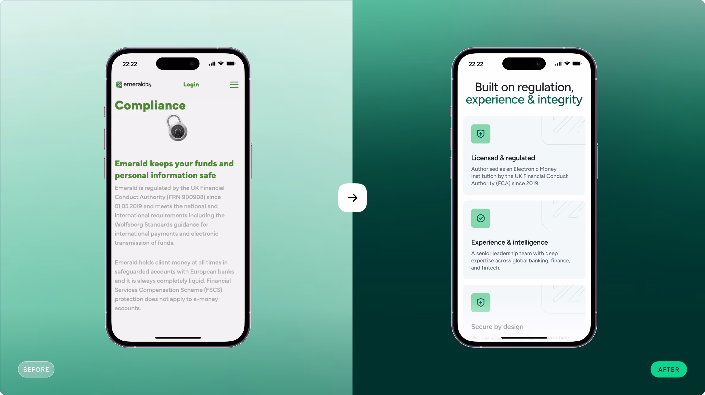 Side-by-side view of a mobile app screen before and after update on a green gradient background; the left screen shows a compliance page with text about Emerald's fund safety and regulation, the right screen shows a redesigned page titled 'Built on regulation, experience & integrity' with sections about licensing, regulation, and experience.