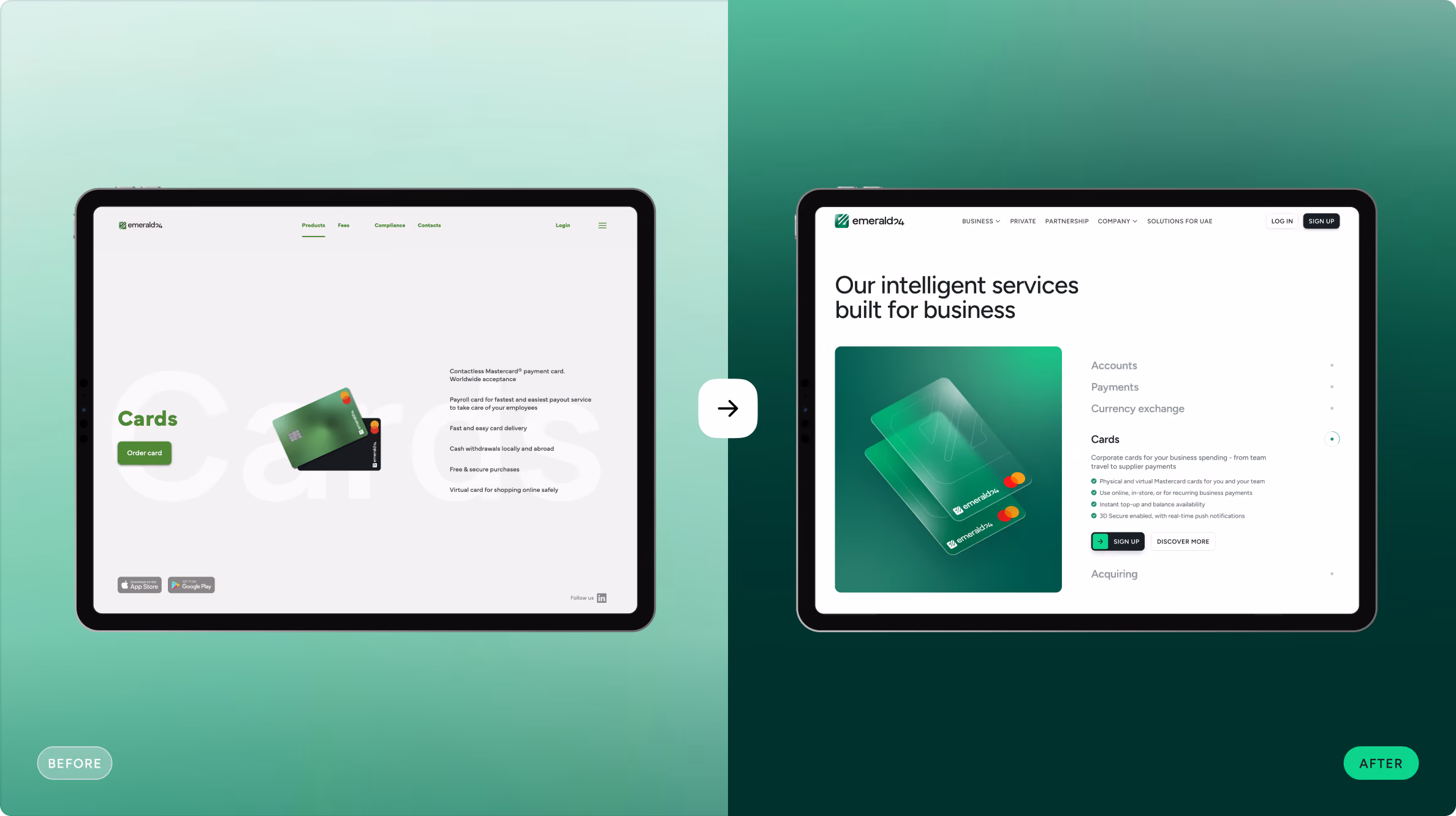 Side-by-side comparison of a website redesign for Emerald24's card services: the left side shows the older version with a plain white background, minimal text, and two card images; the right side shows the updated version with a dark green gradient background, a clearer layout featuring card images with a green box, and text highlighting intelligent services for business including accounts, payments, currency exchange, and card options with visible sign-up and discover more buttons.