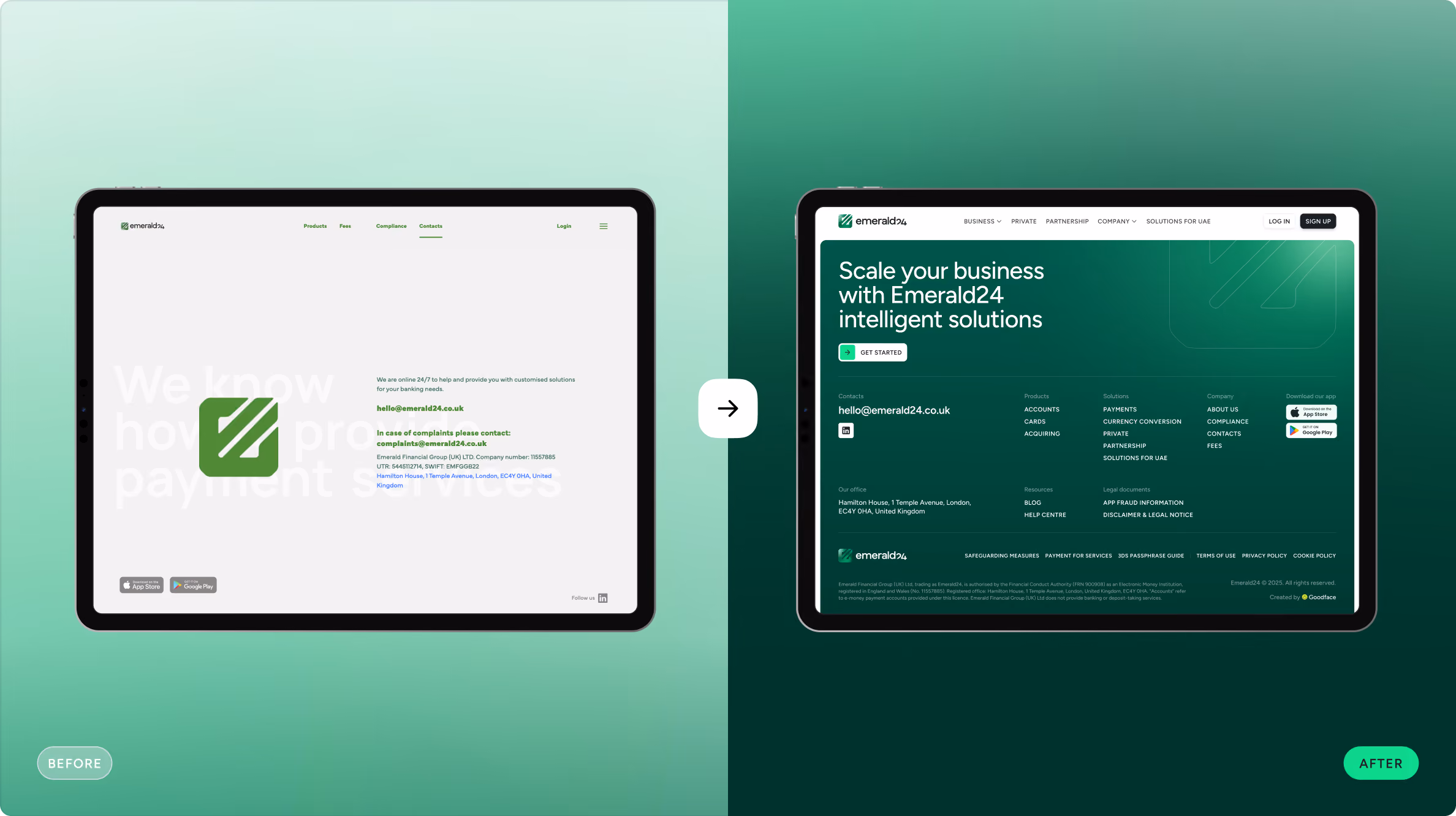 Side-by-side comparison of two tablet screens showing before and after redesigns of the Emerald24 website homepage, with the before screen on the left featuring a pale background, minimal text, and a large logo, and the after screen on the right showing a dark green background, detailed navigation menu, prominent headline, contact email, and call-to-action buttons.