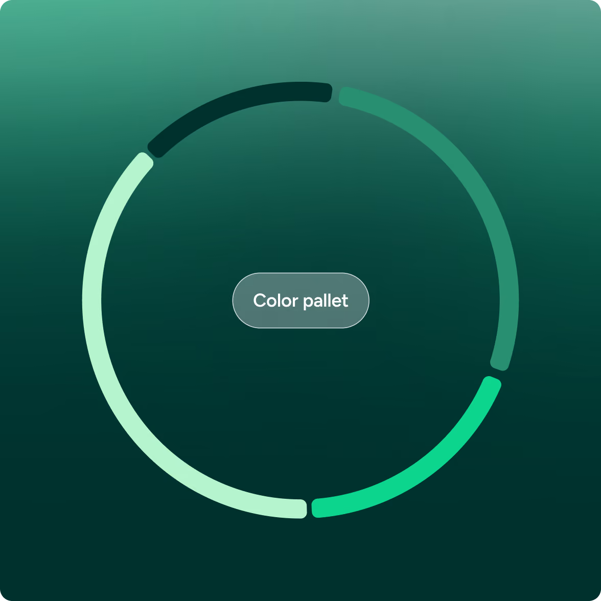 Gradient circular color palette with five distinct green shades arranged radially around the center, which contains a rounded rectangle button labeled 'Color pallet'.