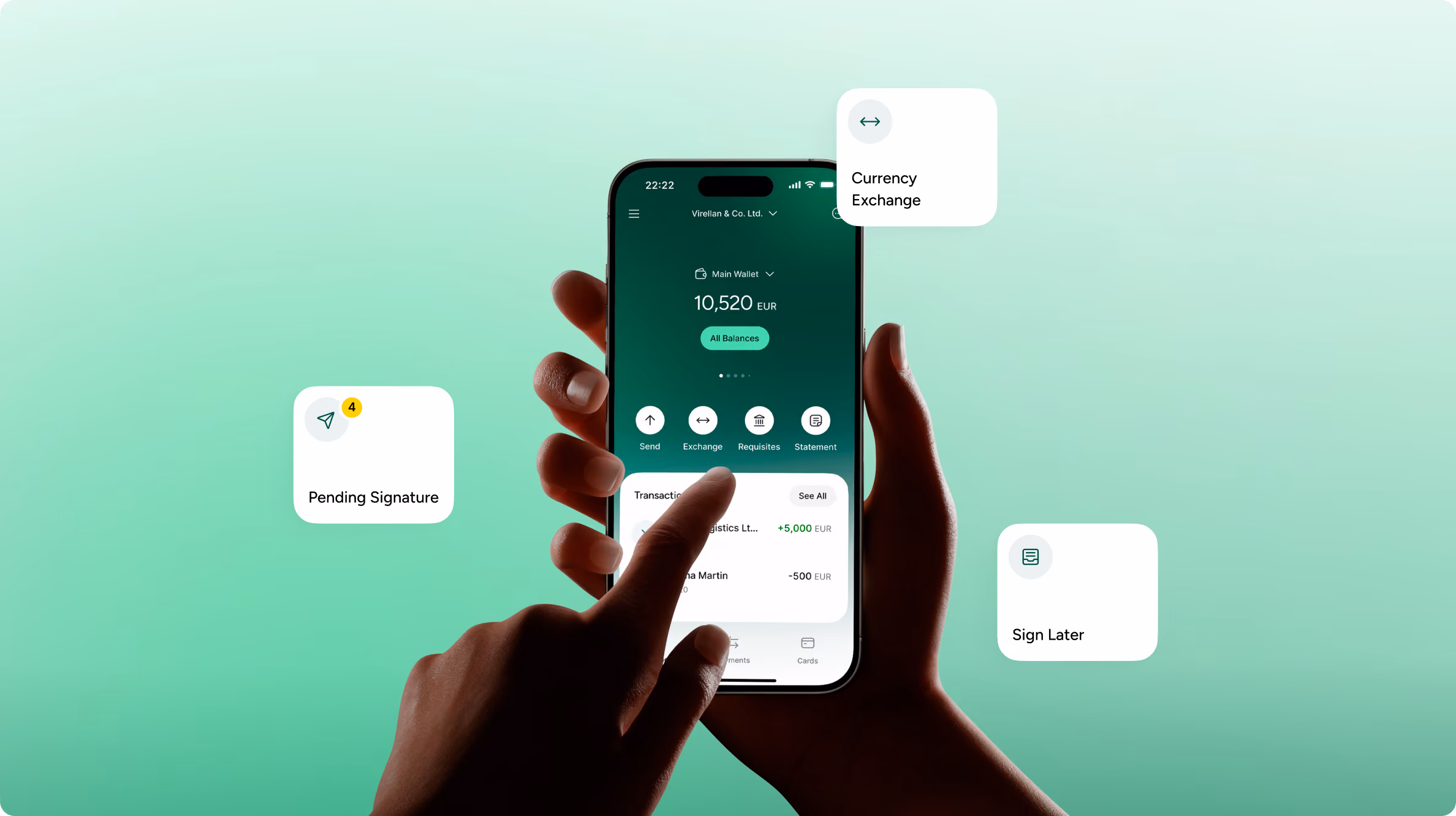 Hands holding a smartphone displaying a digital wallet app with a balance of 10,520 EUR and options including Send, Exchange, Requests, and Statement, with floating labels for Currency Exchange, Pending Signature with 4 notifications, and Sign Later.
