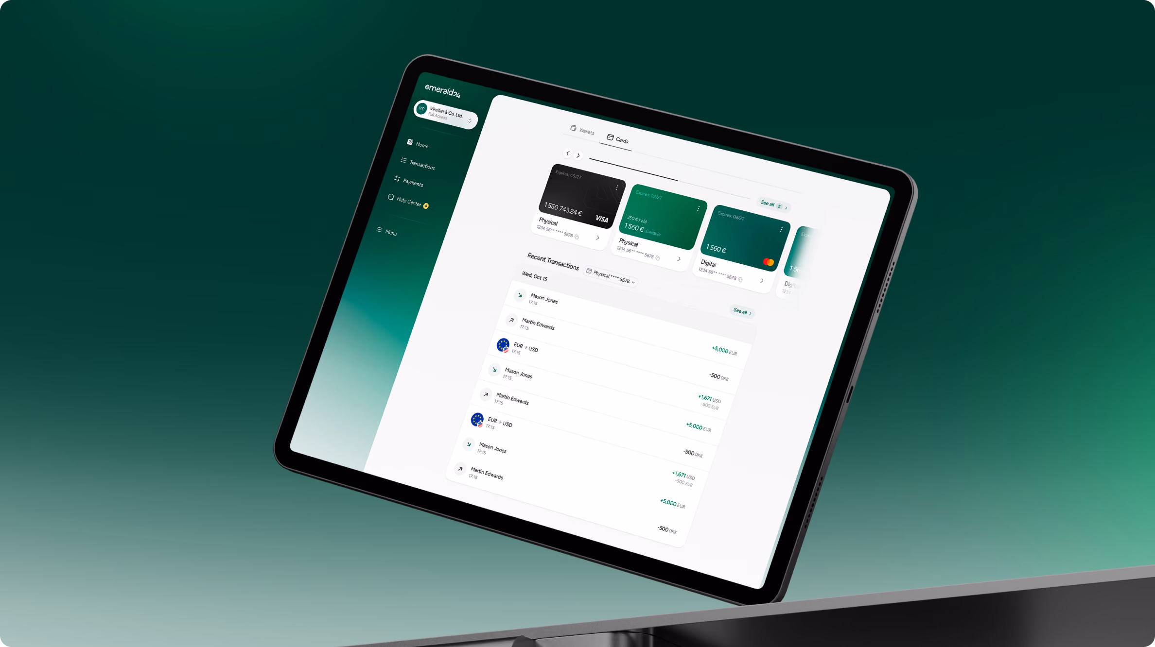 Tablet screen displaying a digital wallet interface with payment cards and recent transactions list on a green gradient background.