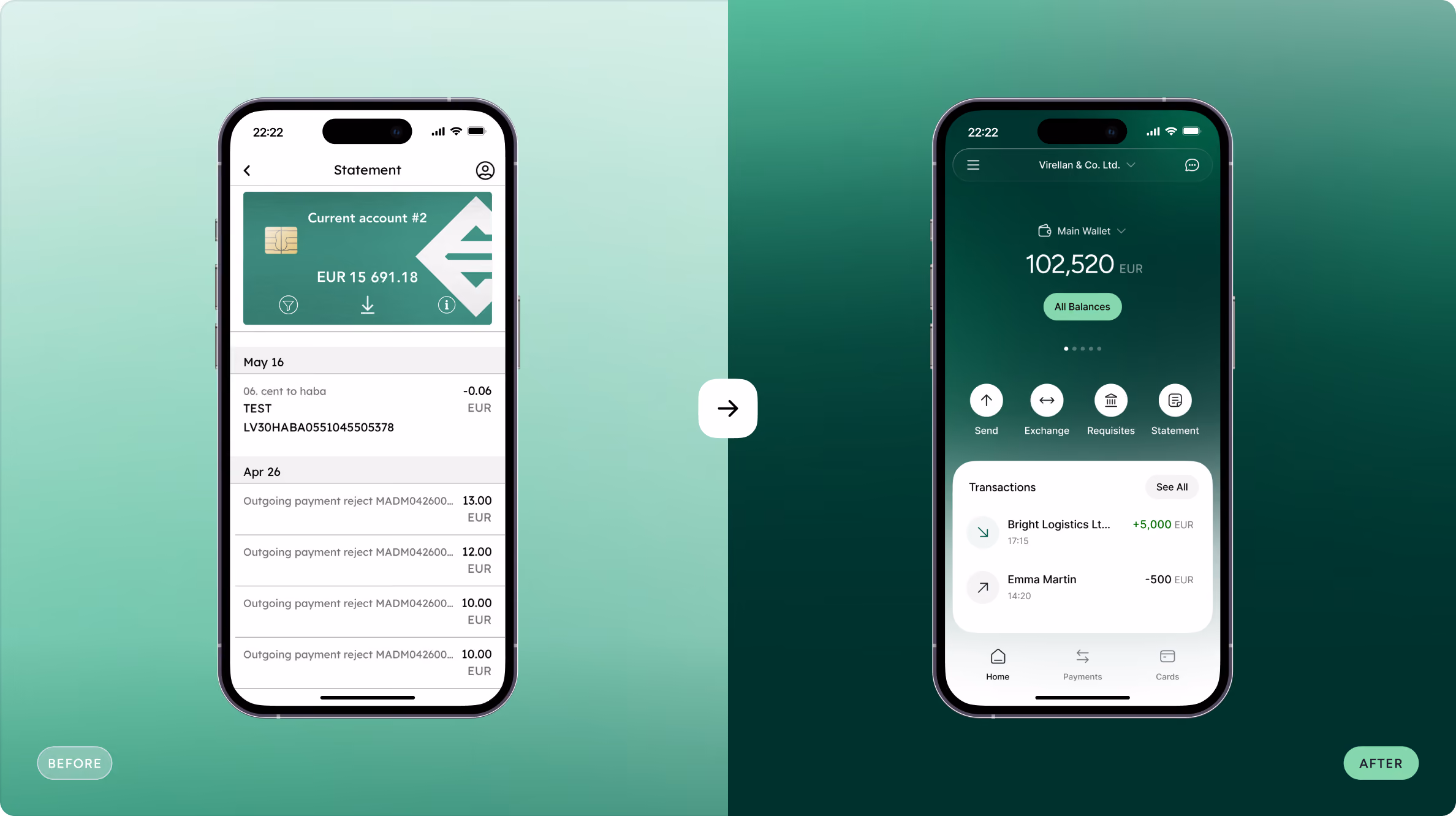 Side-by-side comparison of two smartphone screens showing a banking app interface before and after a redesign, featuring account balance and recent transactions with a green gradient background.