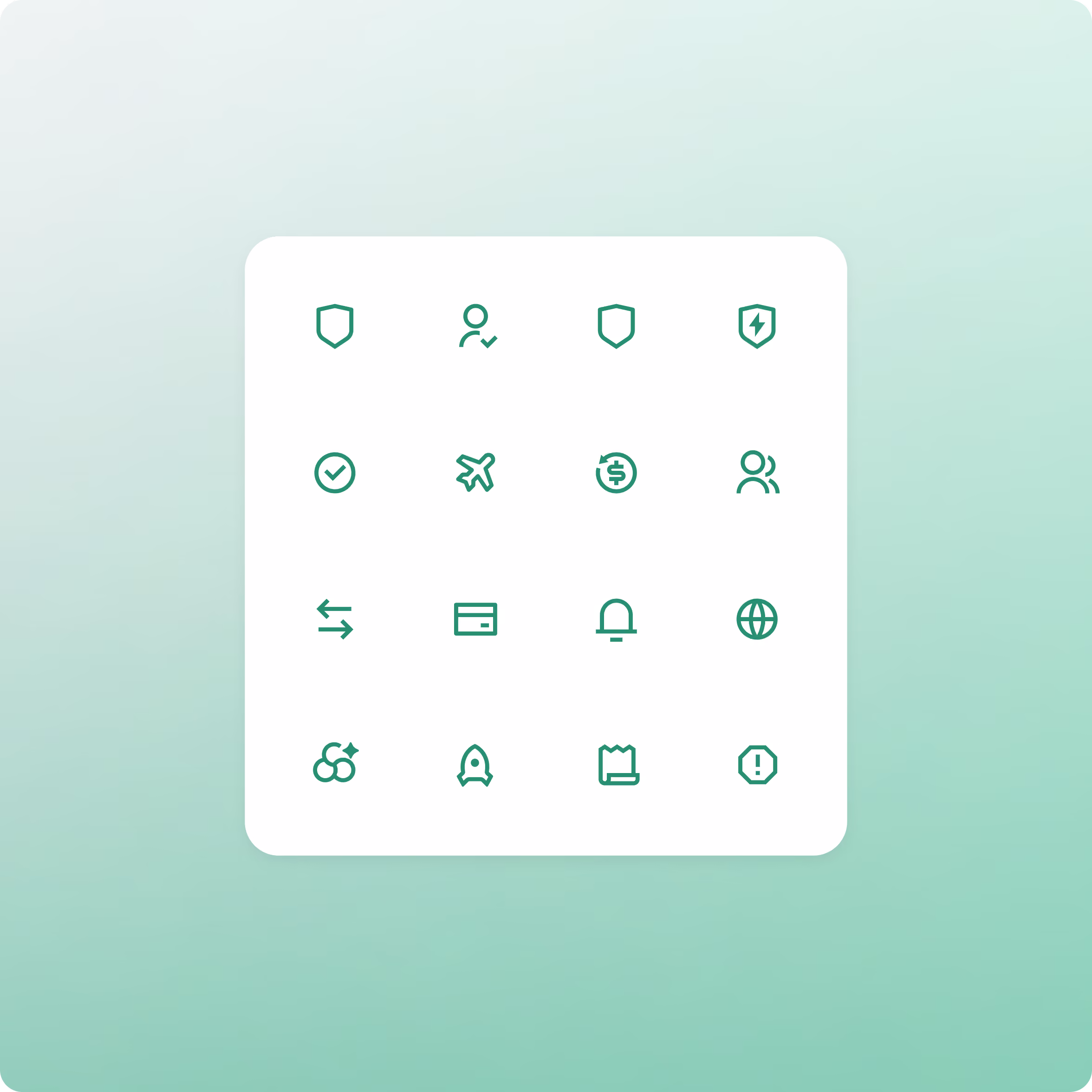 A 4 by 4 grid of green line icons on a white rounded square against a gradient pale green background showing a shield, user with check mark, shield with lightning bolt, check mark inside a circle, airplane, dollar sign with circular arrow, two users, bidirectional arrows, credit card, bell, globe, circle with three smaller connected circles and sparkles, rocket, receipt as a piece of paper, and an exclamation mark inside an octagon.