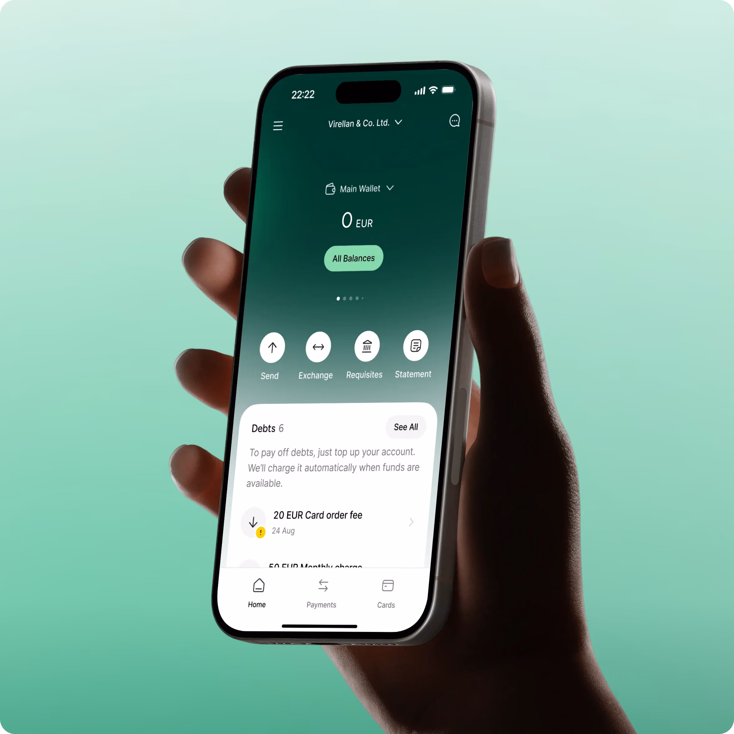 Hand holding smartphone displaying a digital wallet app with zero euro balance, options for Send, Exchange, Requisites, Statement, and a debts summary below showing a 20 EUR card order fee dated August 24.