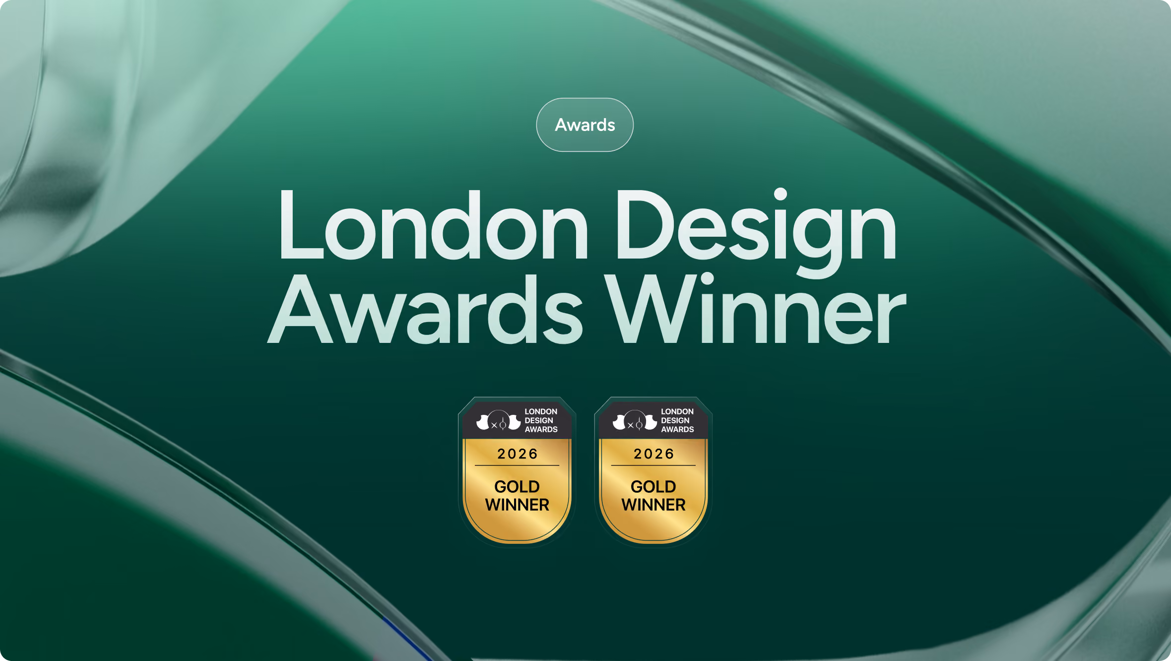 Green abstract background with text reading 'London Design Awards Winner' and two gold 2026 Gold Winner badges below the text.