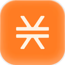 Orange square app icon with rounded corners featuring a stylized white symbol resembling two horizontal parallel lines intersected by a V shape on top and an inverted V shape below.