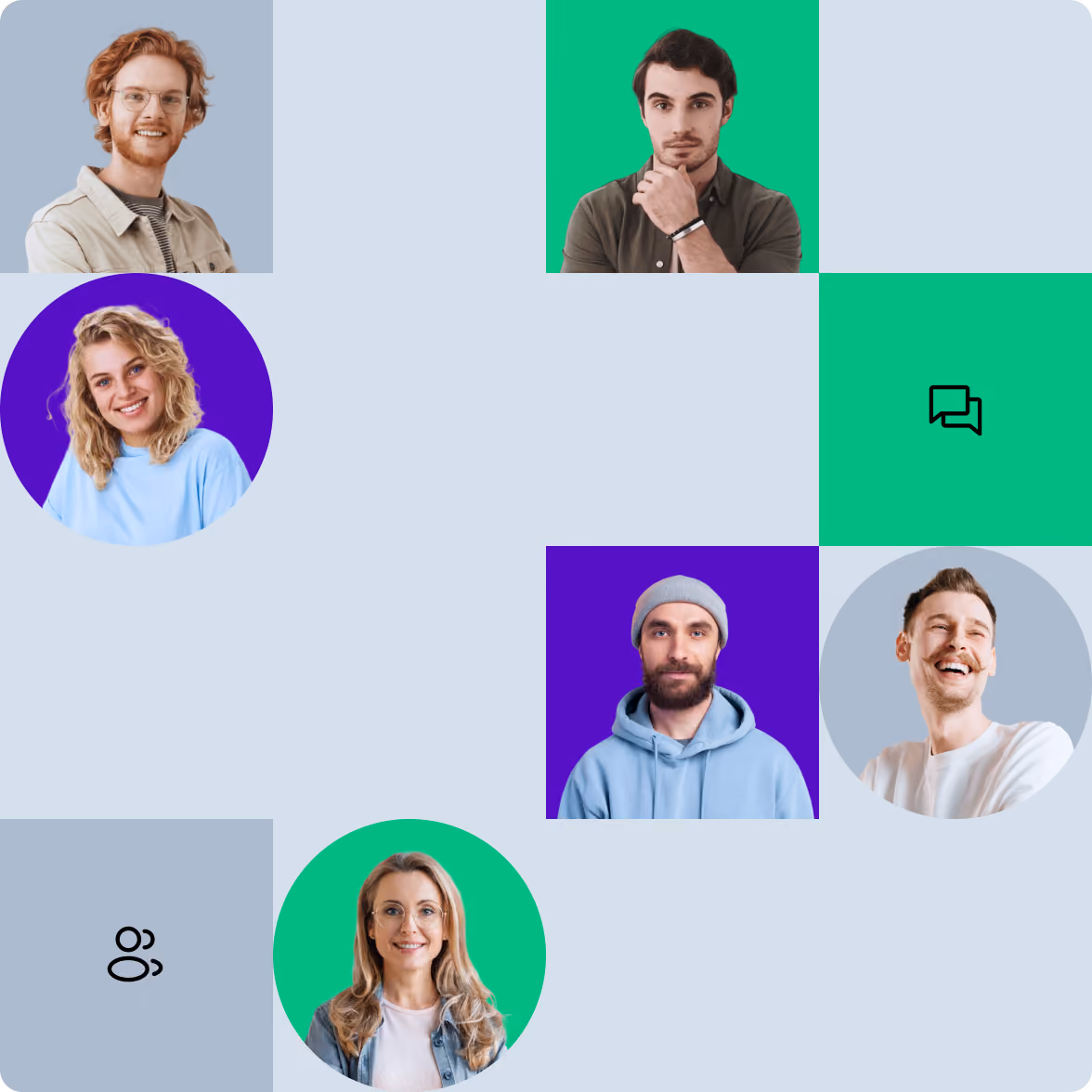 Collage of six diverse young adults' portraits arranged in colorful squares and circles with chat icons, on a light background.