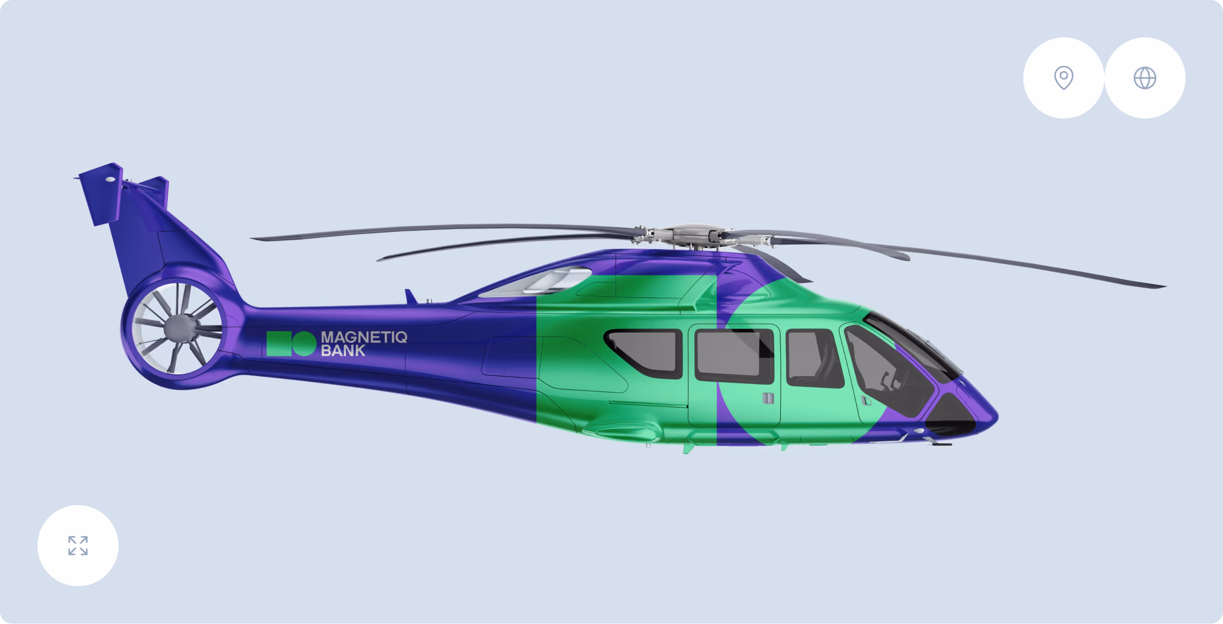 Side view of a helicopter painted in blue and green colors with the text 'Magnetiq Bank' on the tail section.