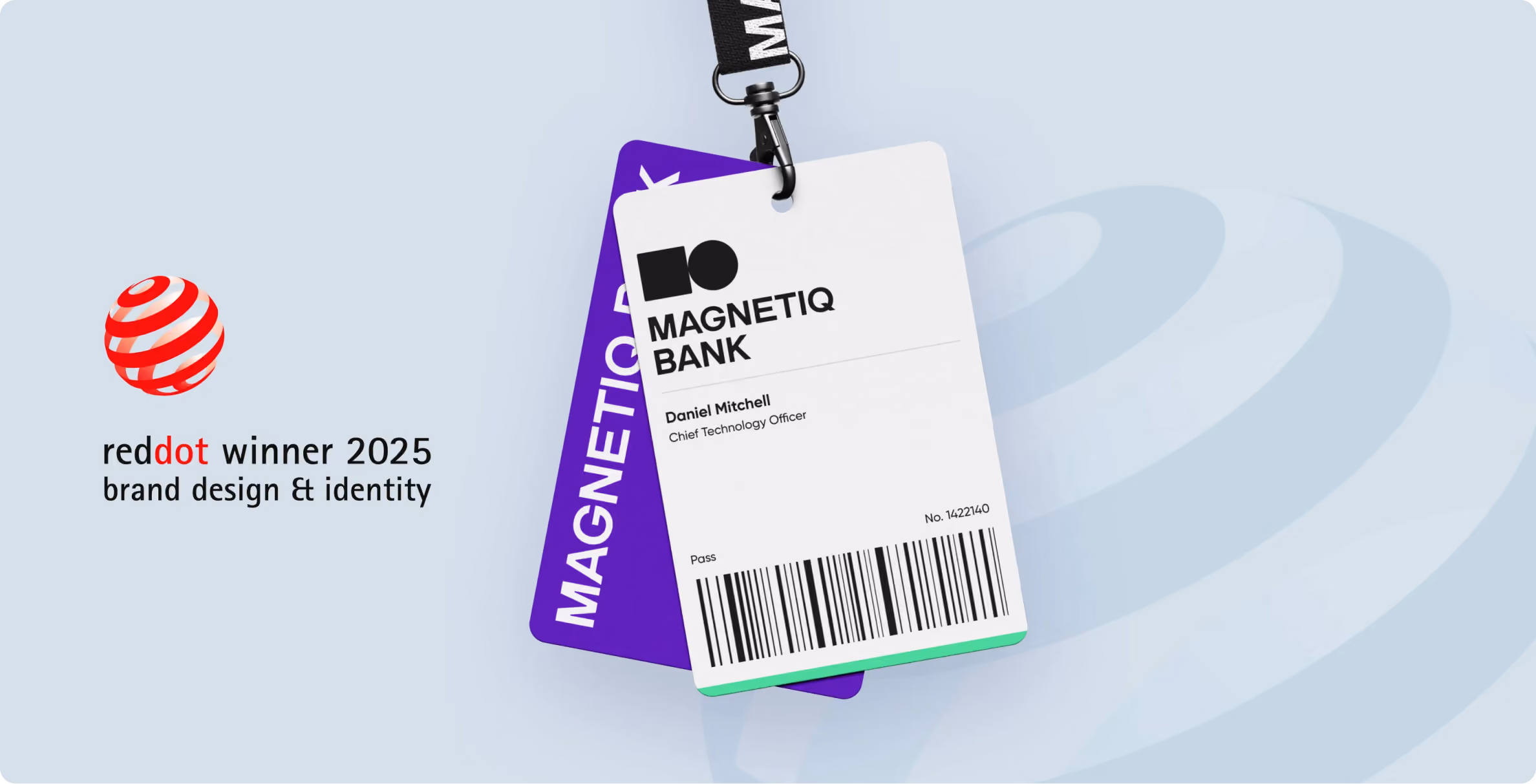 Two badge ID cards attached to a lanyard with 'MAGNETIQ BANK' and a barcode, showing the name Daniel Mitchell, Chief Technology Officer, alongside a Red Dot winner 2025 brand design and identity logo.