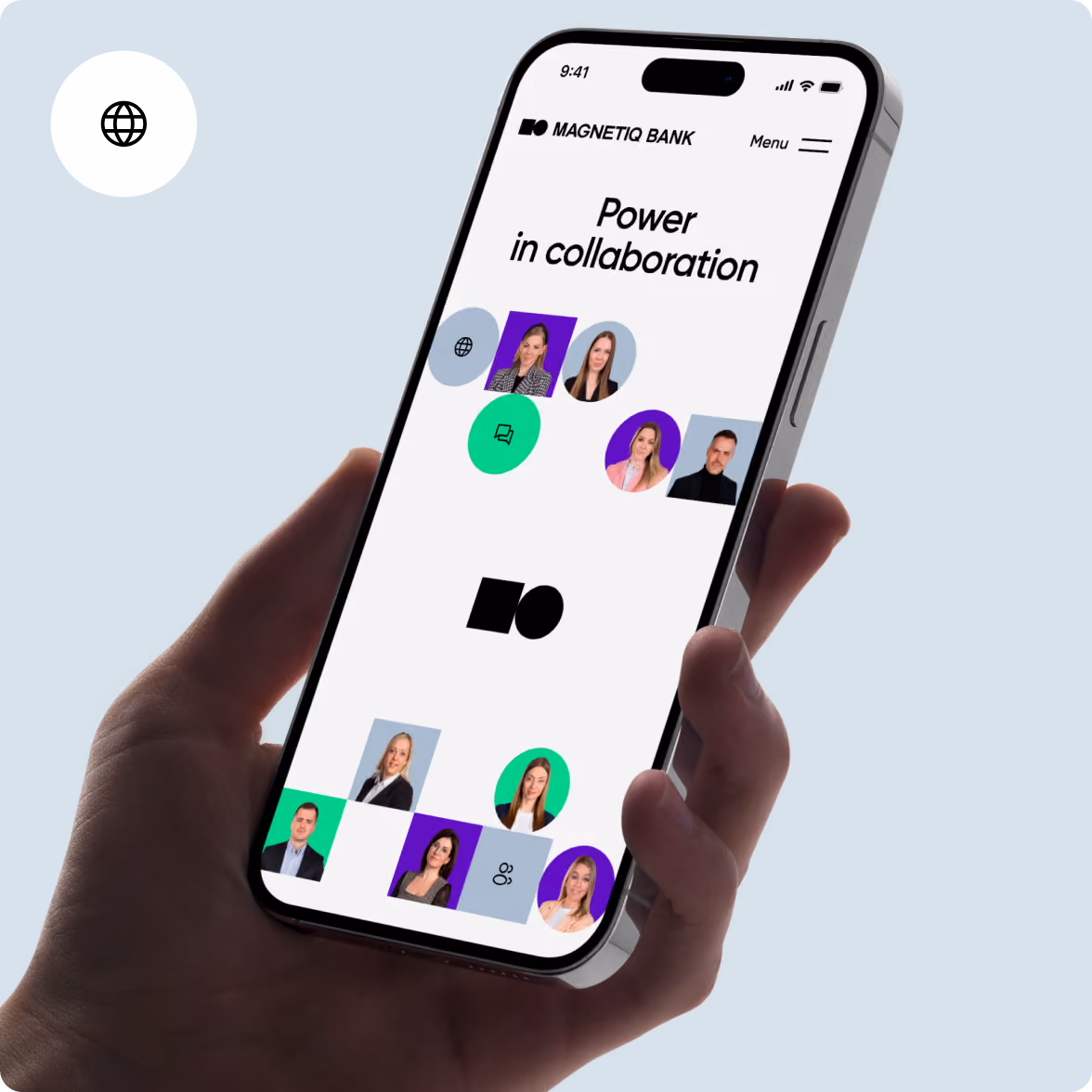 Hand holding a smartphone displaying a digital interface titled 'Power in collaboration' from Magnetiq Bank, featuring profile pictures of diverse people arranged in circles and squares on a white background.