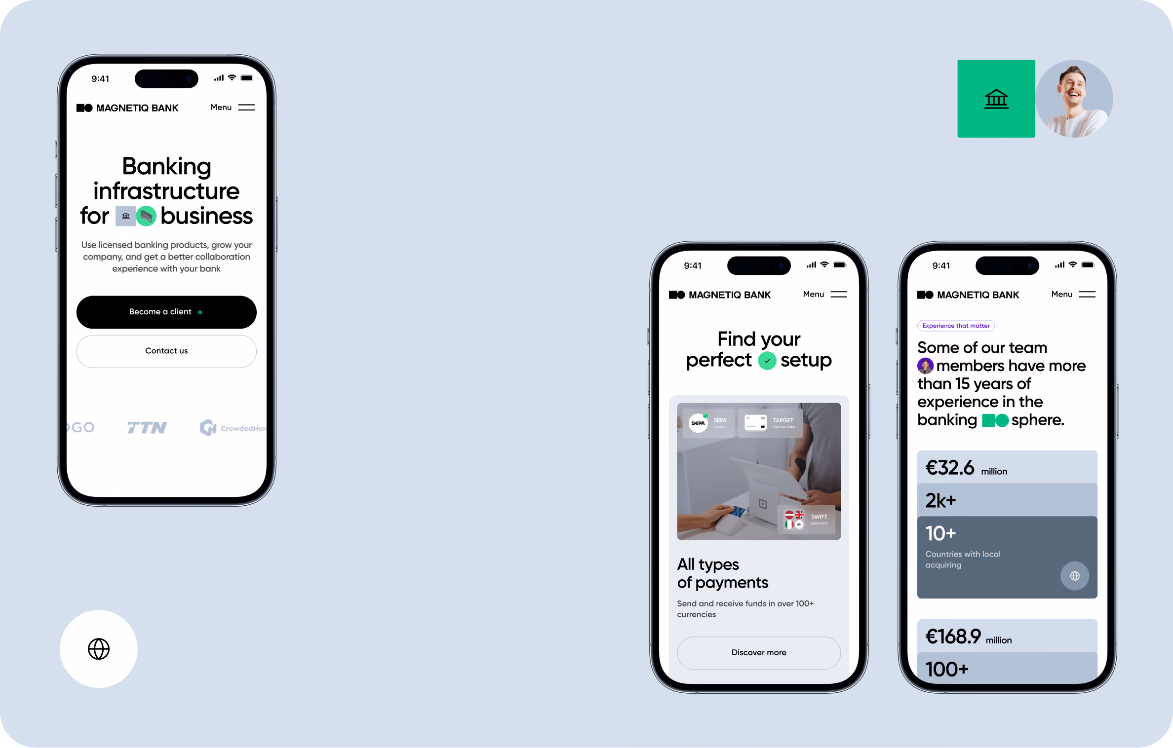 Three smartphones displaying Magnetiq Bank app screens: left shows 'Banking infrastructure for business' with a button to become a client, center shows 'Find your perfect setup' for payments including an image of a payment terminal, right displays team experience highlighting over 15 years, €32.6 million, and 2k+ customers.