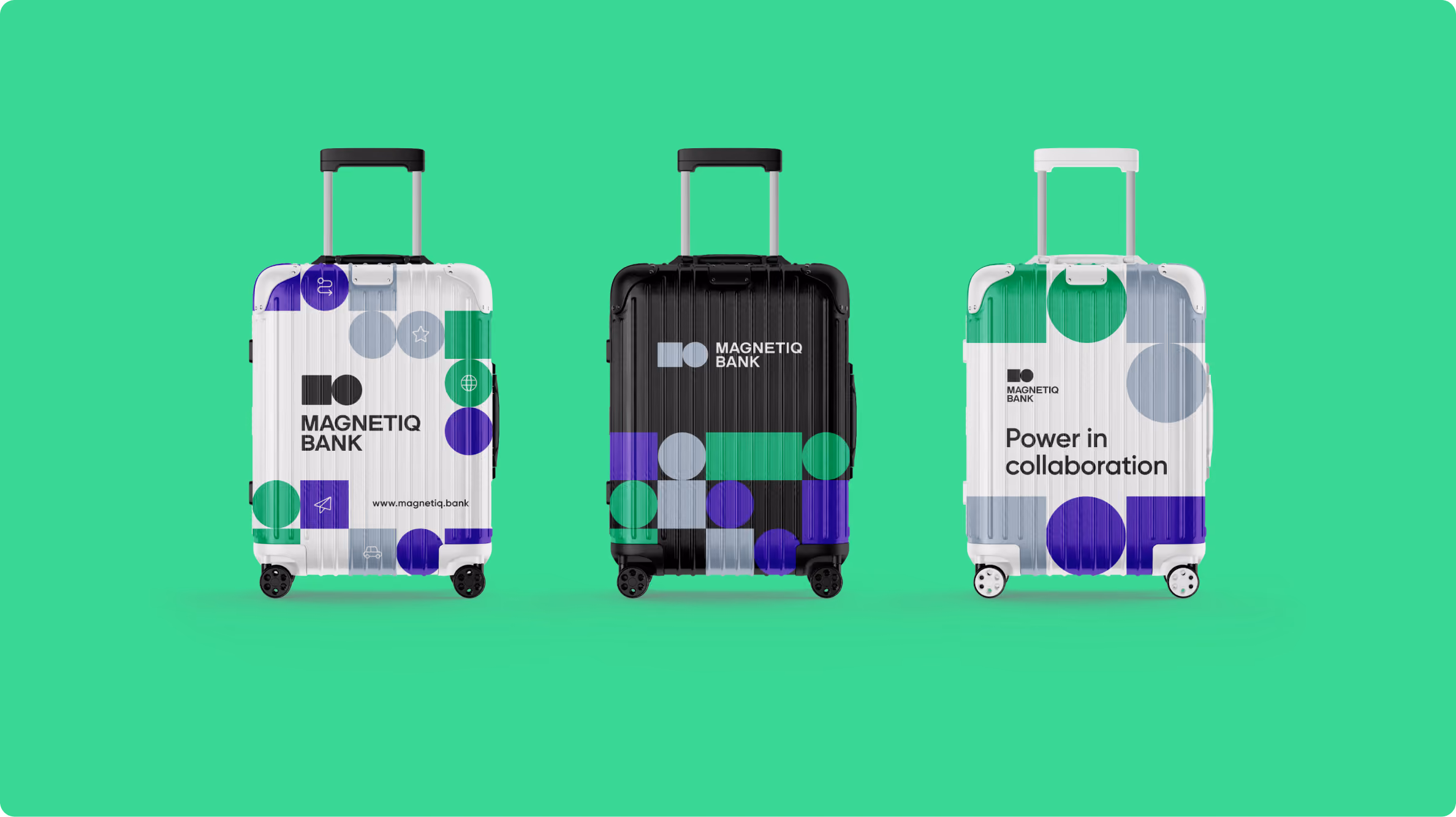 Three modern carry-on suitcases standing side by side on a green background, each featuring colorful geometric circle and rectangle patterns in purple, green, and gray, branded with MAGNETIQ BANK; the left suitcase is white with brand name and website, the center one is black with the brand name, and the right one is white with the phrase 'Power in collaboration.'
