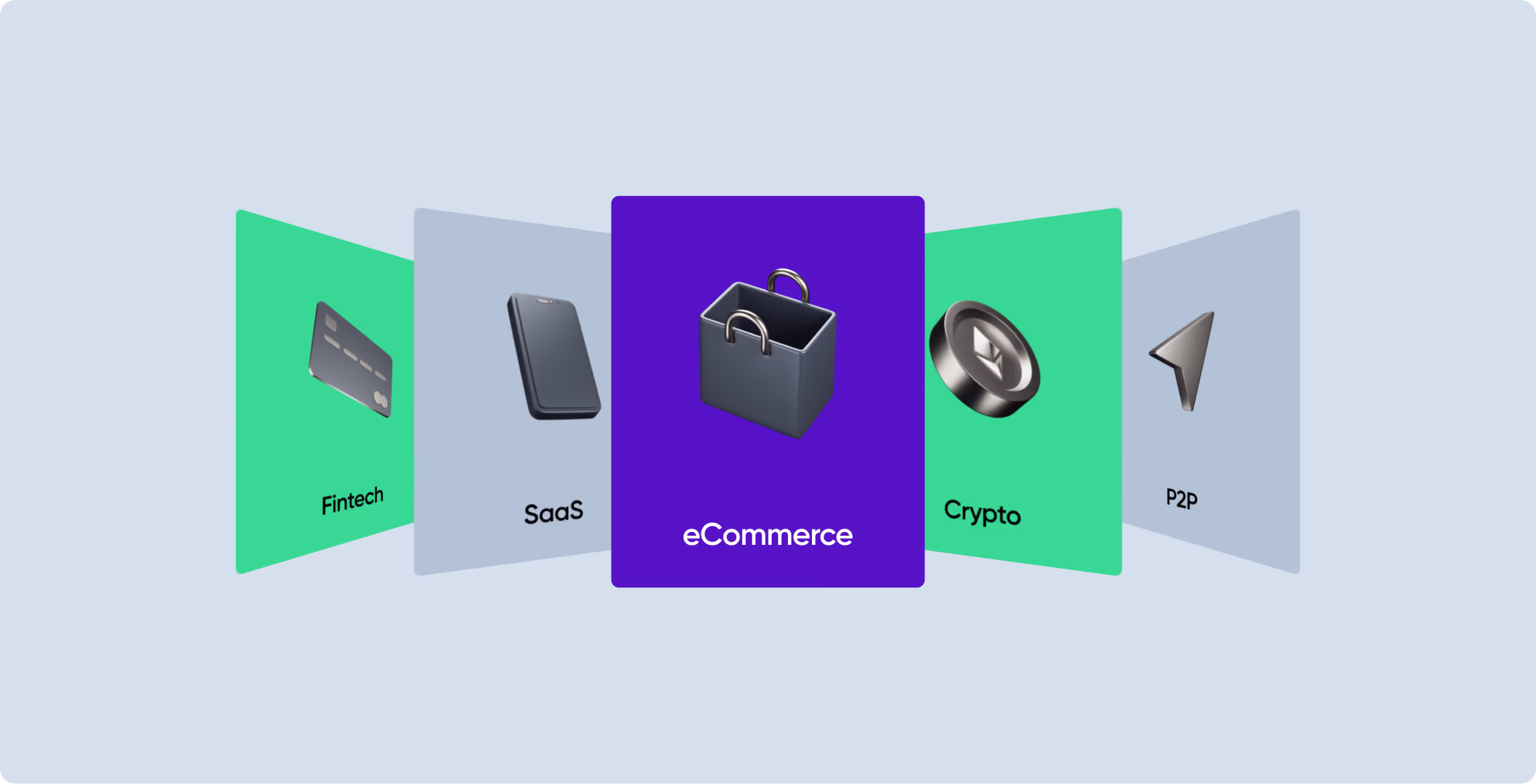 Carousel display featuring five digital categories: Fintech with a credit card icon, SaaS with a smartphone icon, eCommerce with a shopping bag icon centered in purple, Crypto with a coin icon, and P2P with a paper plane icon on a light blue background.