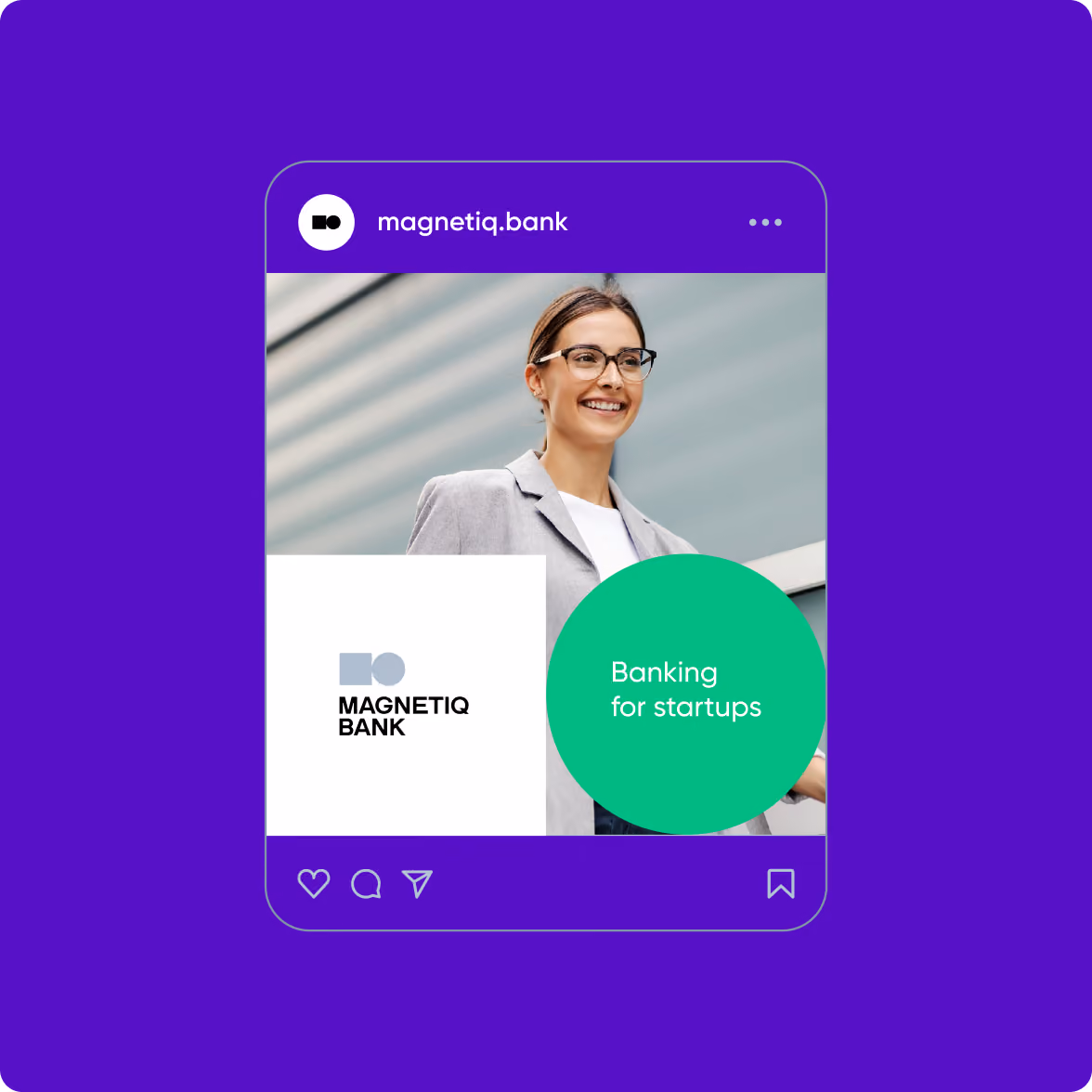 Social media post from magnetiq.bank showing a smiling woman with glasses and a gray blazer, alongside the Magnetiq Bank logo and a green circle with the text 'Banking for startups' on a purple background.