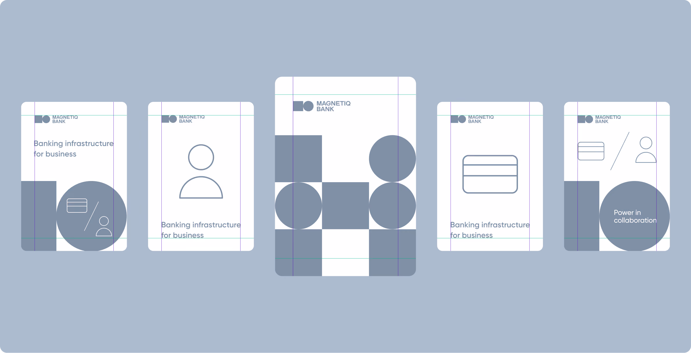 Five stylized cards with the Magnetiq Bank logo, featuring abstract shapes and icons representing banking infrastructure and collaboration, arranged horizontally on a light blue background.