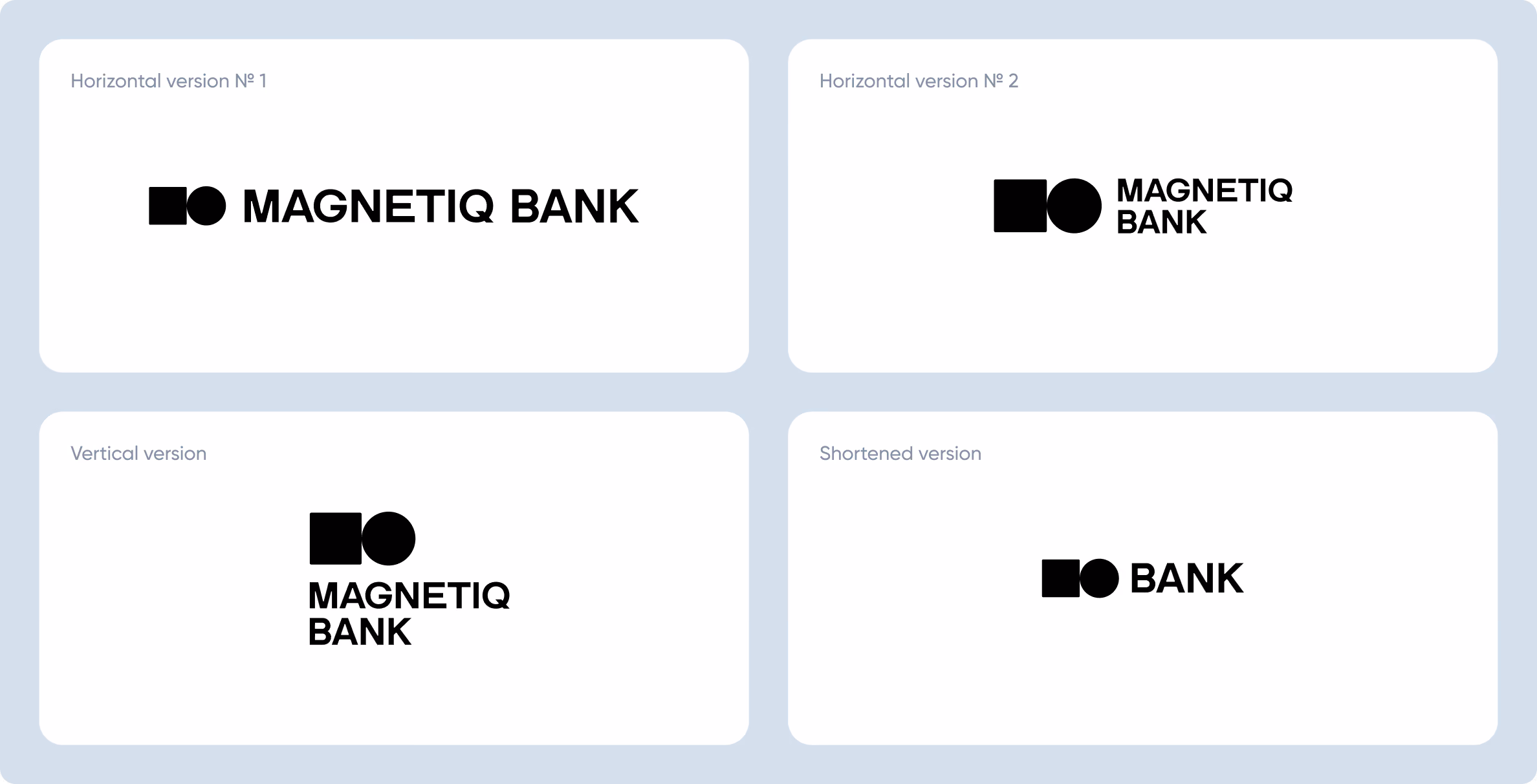 Four variations of the Magnetiq Bank logo in black on white backgrounds: two horizontal versions with symbol and text side-by-side, one vertical version with symbol above text, and one shortened version showing only the symbol and the word 'BANK'.