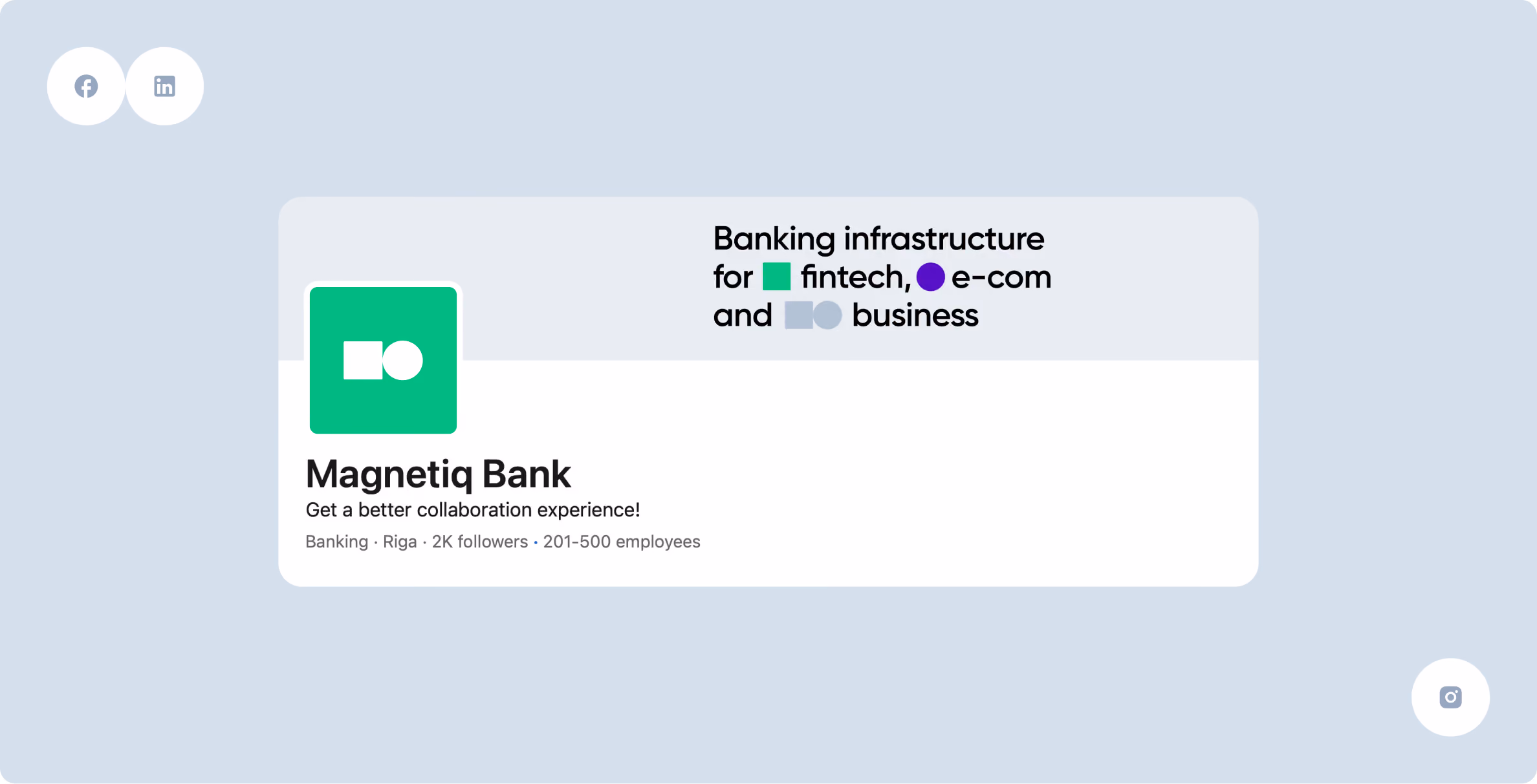 A digital business card for Magnetiq Bank with a green and white logo, describing it as banking infrastructure for fintech, e-commerce, and business, located in Riga with 2K followers and 201-500 employees.