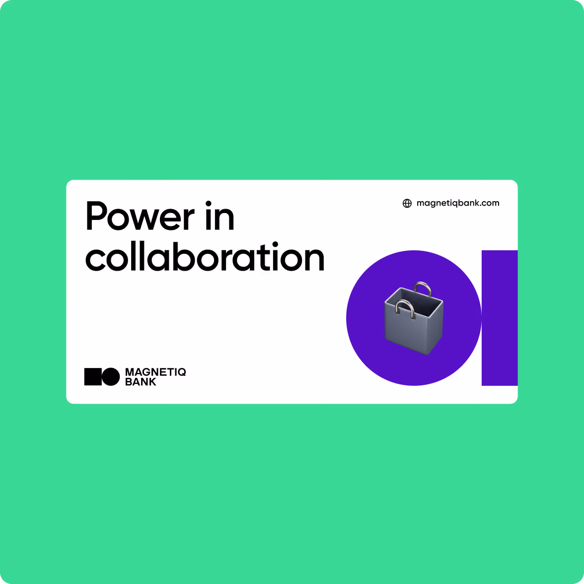 A white rectangular card on a green background displaying the phrase 'Power in collaboration' in bold black text, with a small black and white Magnetiq Bank logo in the lower left corner and a 3D gray shopping bag icon inside a purple circle on the right, along with the website magnetiqbank.com.