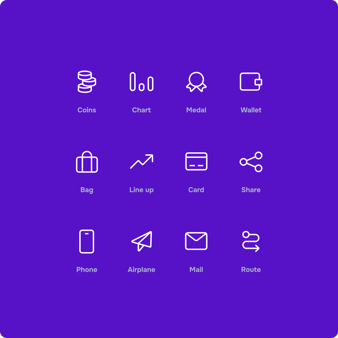 Twelve white line icons on purple background arranged in a 3x4 grid with labels: Coins, Chart, Medal, Wallet, Bag, Line up, Card, Share, Phone, Airplane, Mail, Route.