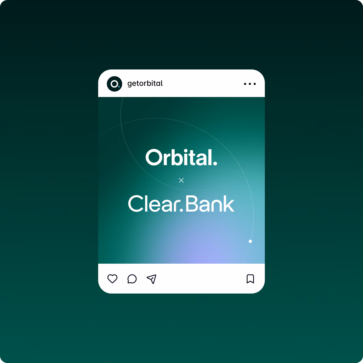 Social media style post with username getorbital on top left, displaying partnership announcement text Orbital x Clear.Bank on a green gradient background with orbit lines.