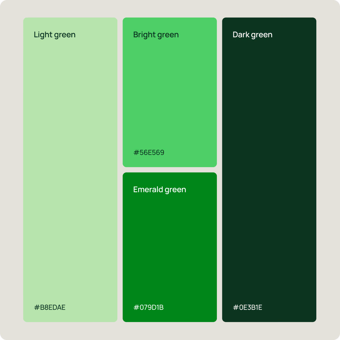 Color palette showing five shades of green labeled Light green (#B8EDAE), Bright green (#56E569), Emerald green (#079D1B), and Dark green (#0E3B1E) arranged in rectangular blocks on a pale green background.