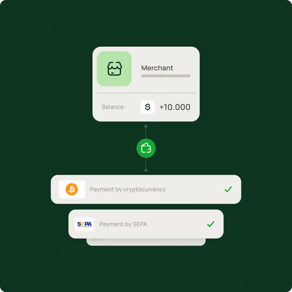 Graphic showing a merchant account with a balance of plus ten thousand dollars, connected by a line to two payment options: payment by cryptocurrency and payment by SEPA, both marked with checkmarks.