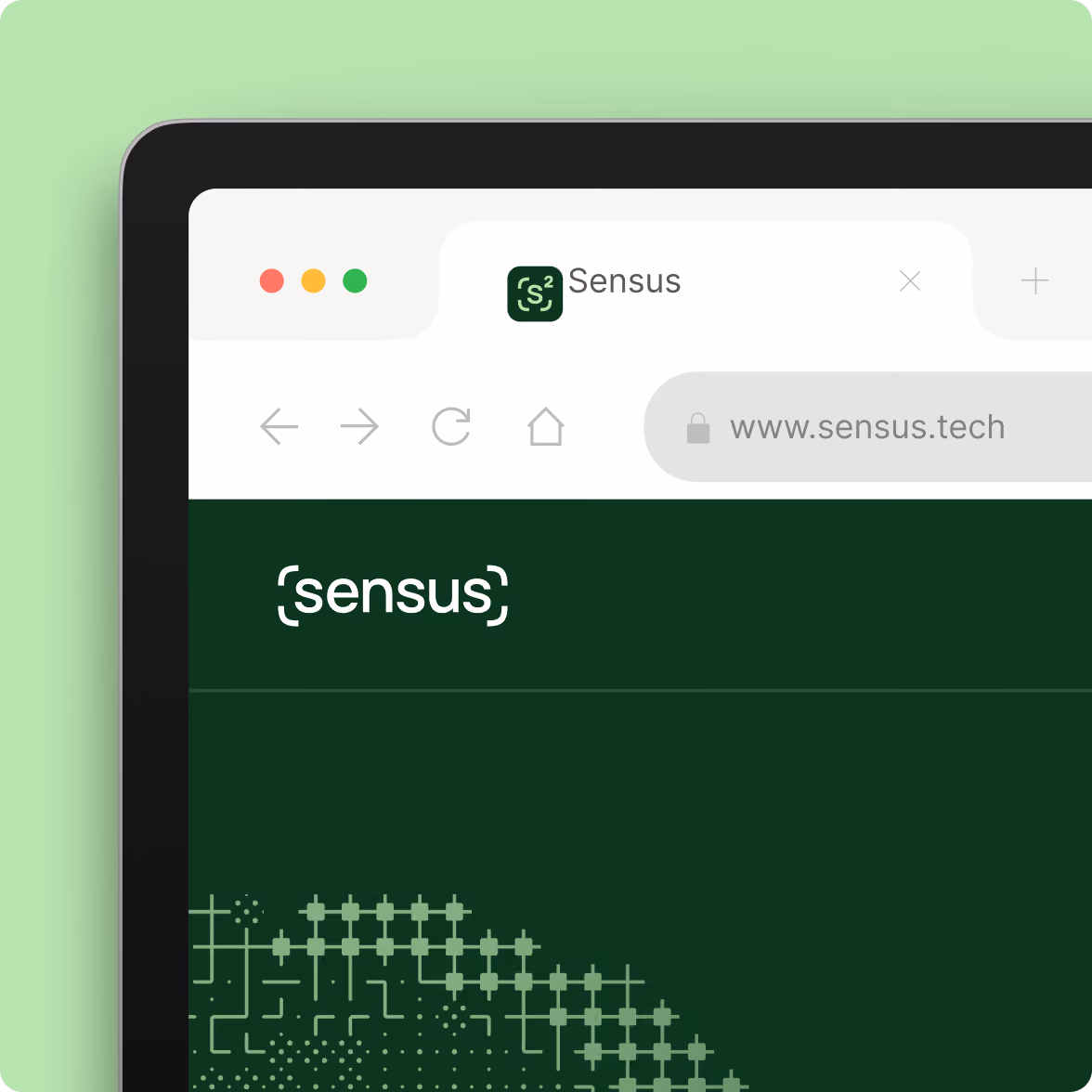 Close-up of a web browser tab displaying the website sensus.tech, showing the Sensus logo and website interface with a dark green background and geometric pattern on a device screen with a green gradient background.