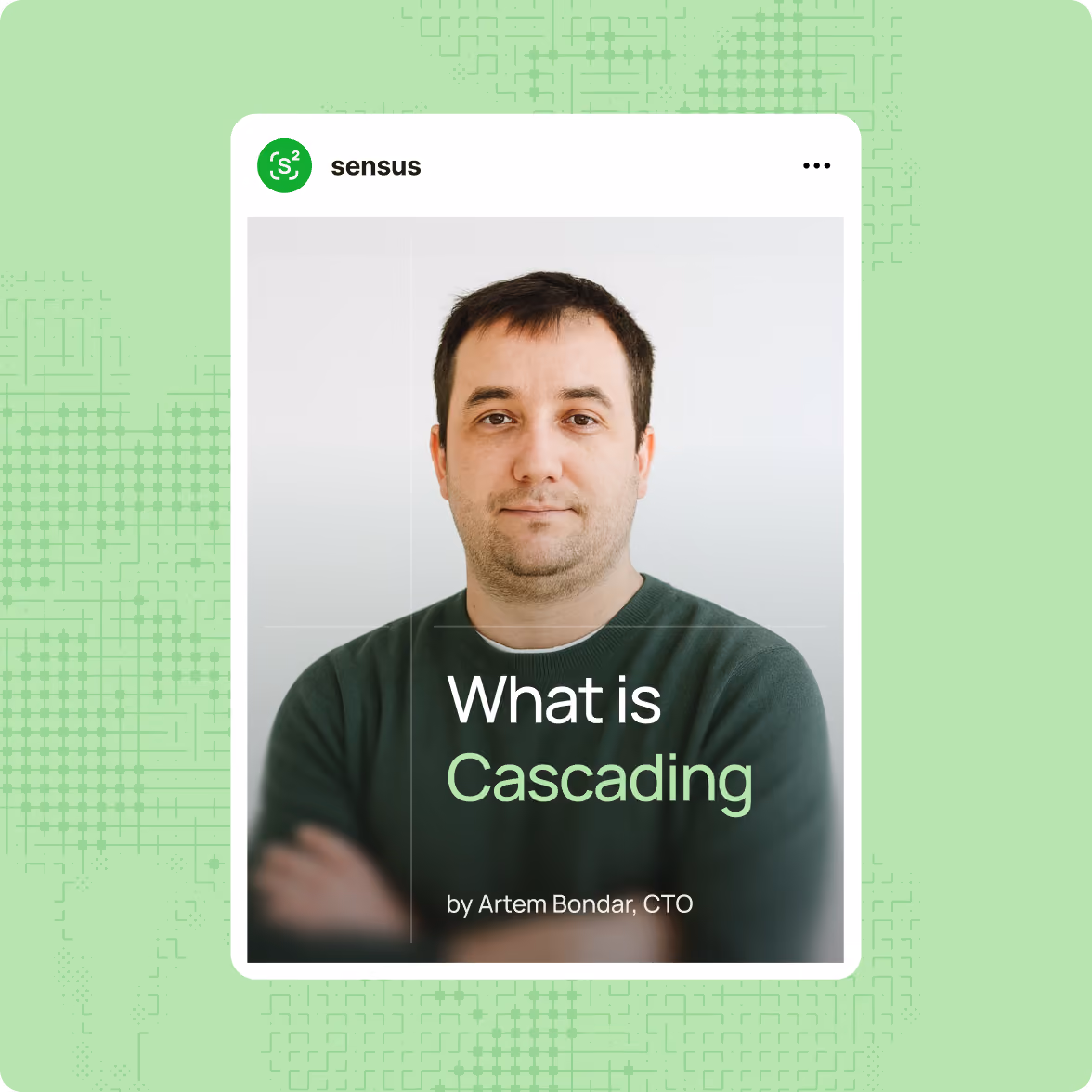 Portrait of a man with dark hair and a beard wearing a dark green sweater against a plain light background, with text overlay reading 'What is Cascading' and 'by Artem Bondar, CTO' below it.