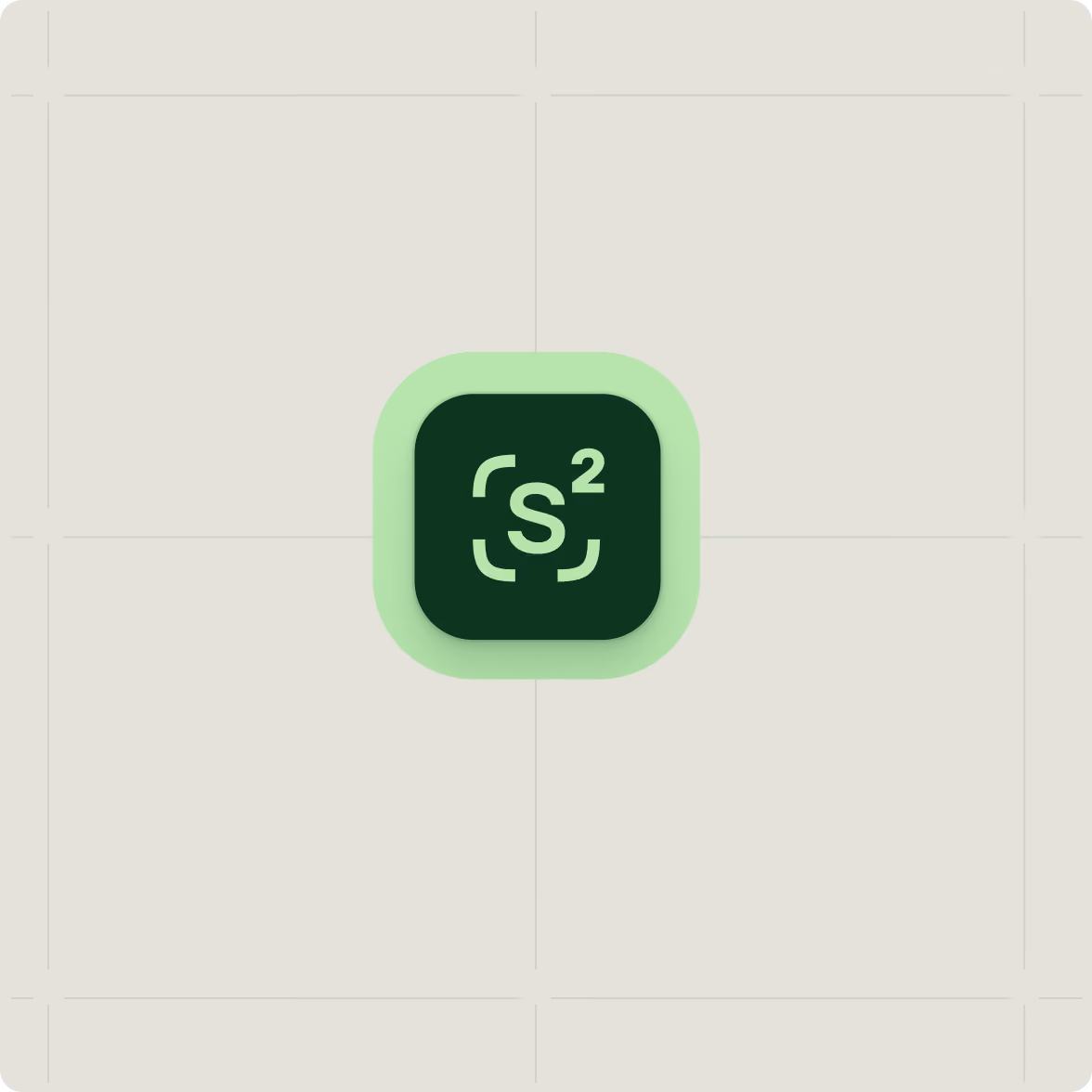 App icon with a dark green rounded square featuring a light green letter 'S' with a superscript 2, enclosed within four corner brackets, on a pale green tiled background.