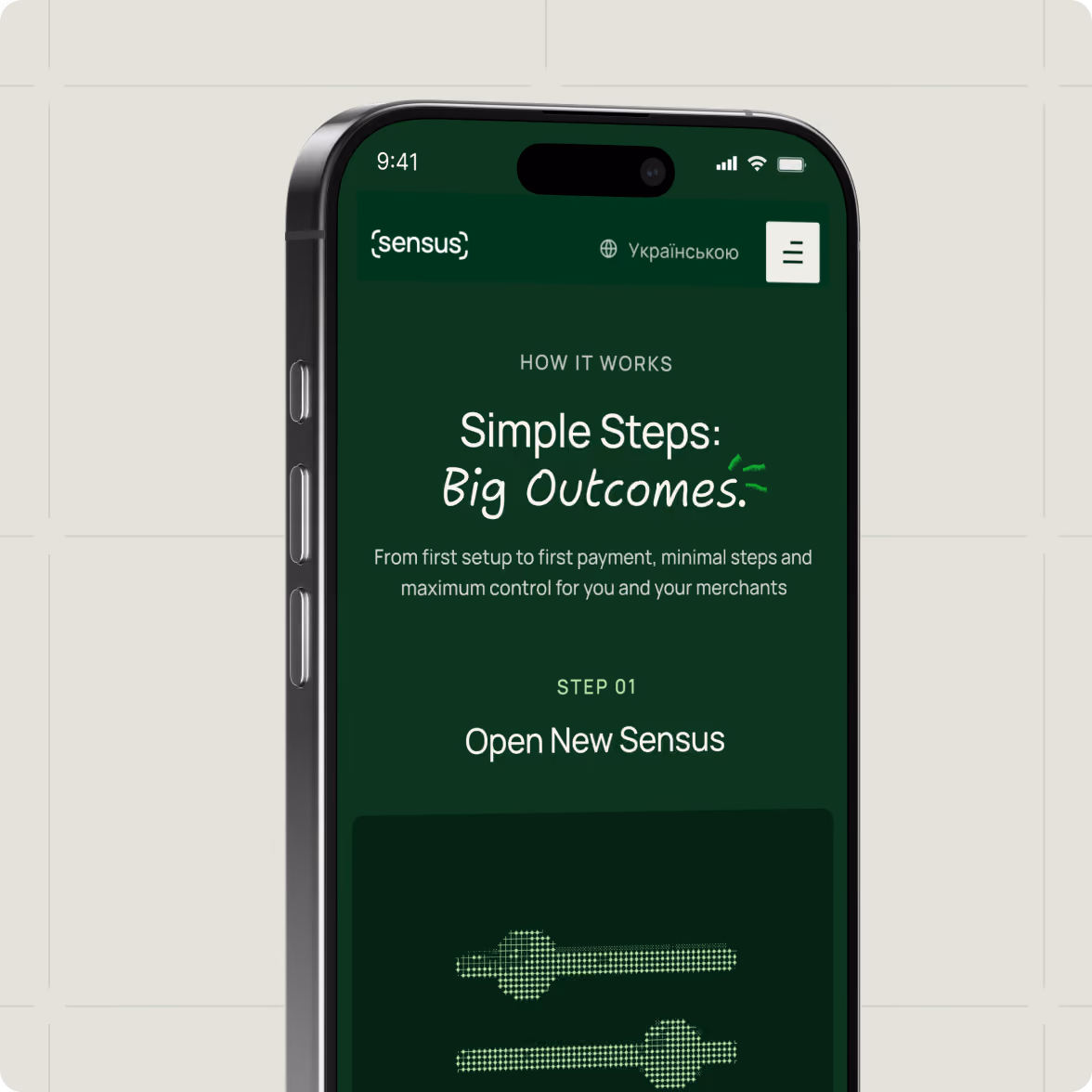 Smartphone screen displaying the Sensus app page titled 'Simple Steps: Big Outcomes' explaining step 01 as 'Open New Sensus' with a graphic of two digital wrench icons on a dark green background.