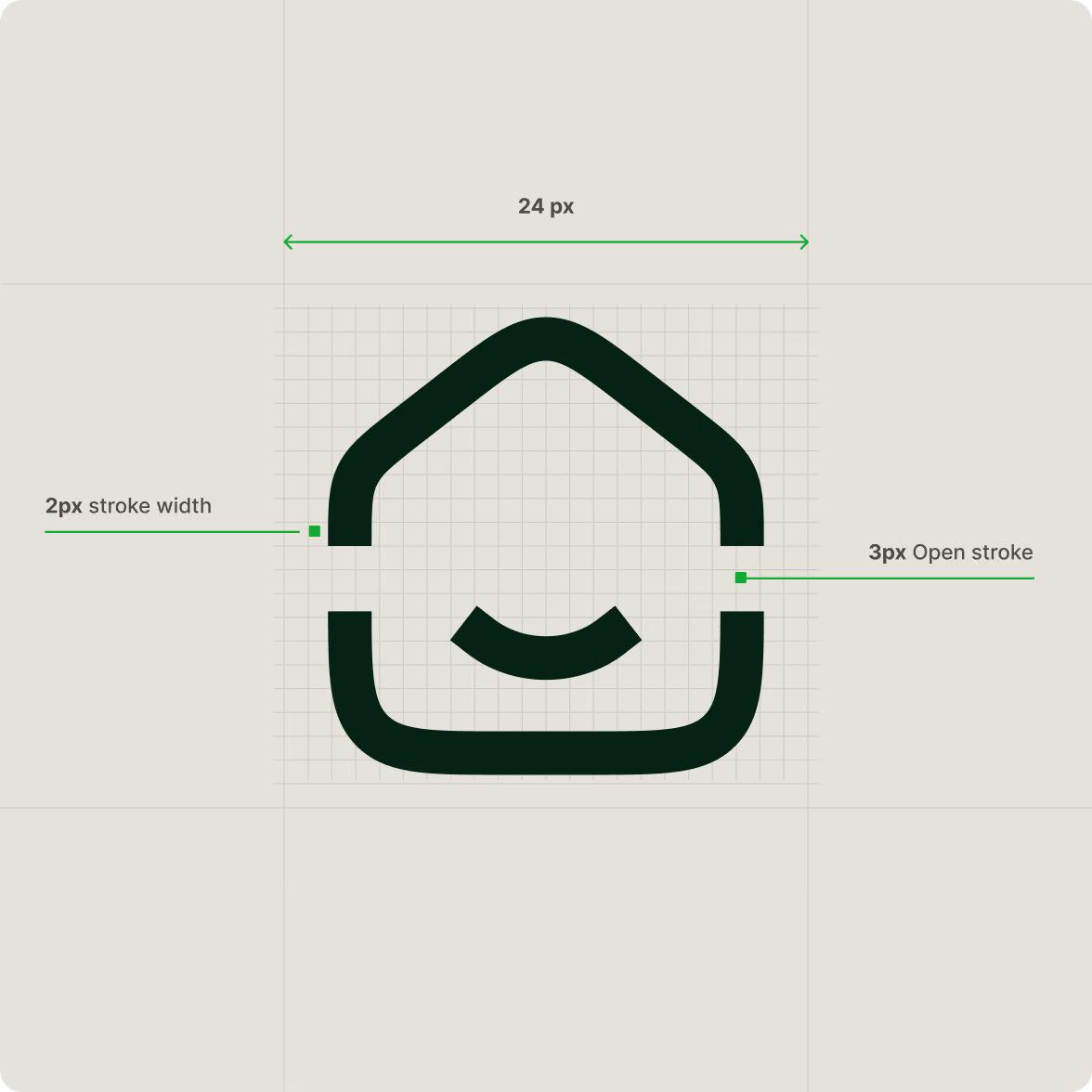 Diagram of a house-shaped icon with a smile inside, annotated with dimensions: 24 px width, 2 px stroke width, and 3 px open stroke on the sides.