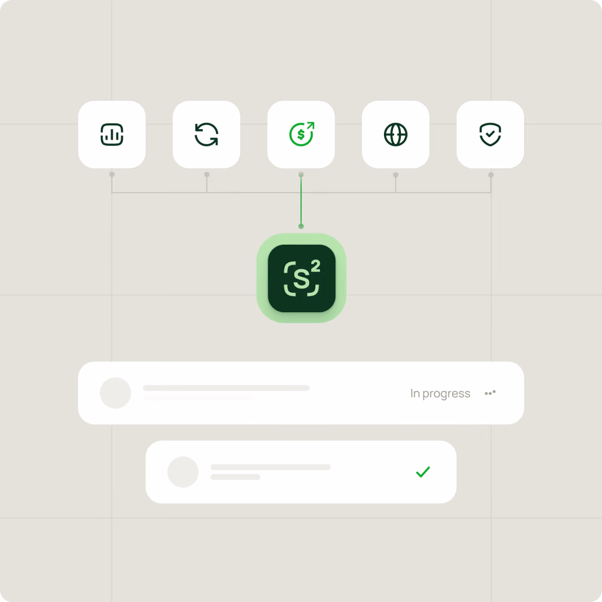 User interface mockup with five icons aligned horizontally at the top, connected by lines to a central dark green square icon with 'S²' in white and a green glow. Below are two horizontal white bars representing tasks or messages, one marked 'In progress' and the other with a green check mark.