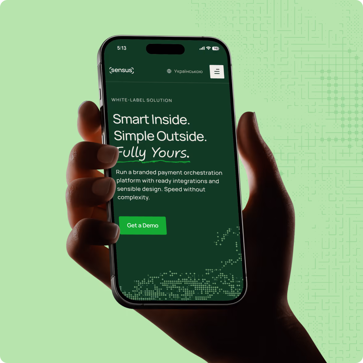 Hand holding a smartphone displaying a webpage for Sensus, showing the text: Smart Inside. Simple Outside. Fully Yours. with a green button labeled Get a Demo.
