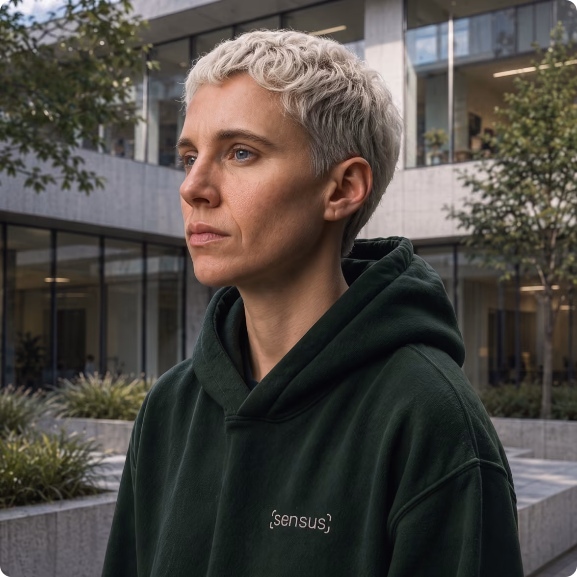 Person with short curly platinum blonde hair wearing a dark green hoodie with the word 'sensus' printed on it, standing outdoors in an urban setting with modern buildings and greenery in the background.