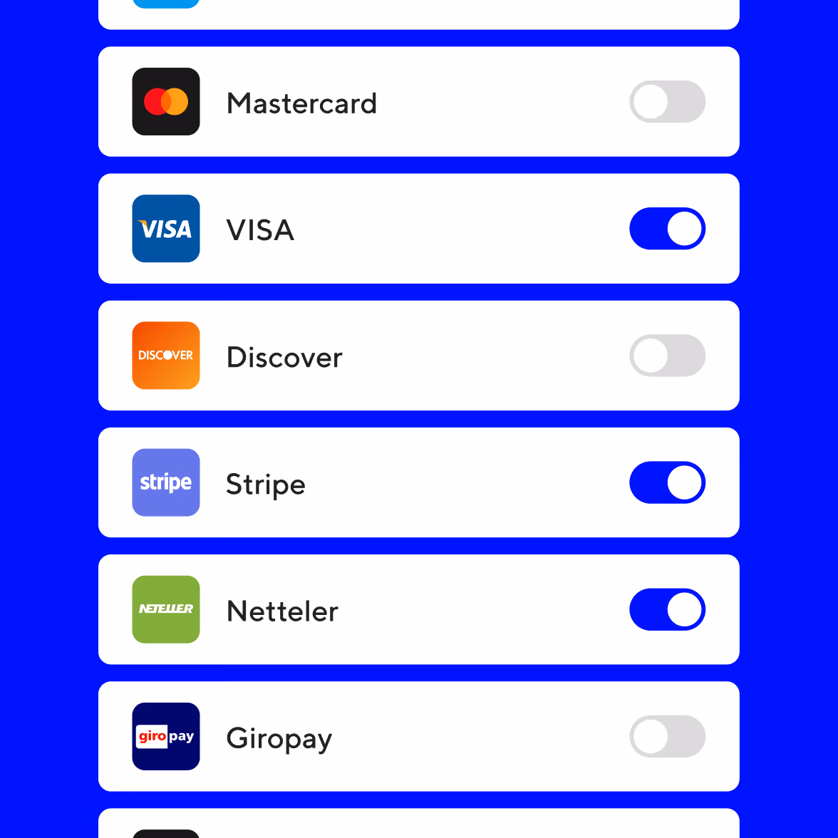 List of payment methods with toggle switches on a blue background: Mastercard and Discover toggles off, VISA, Stripe, and Netteler toggles on, Giropay toggle off.